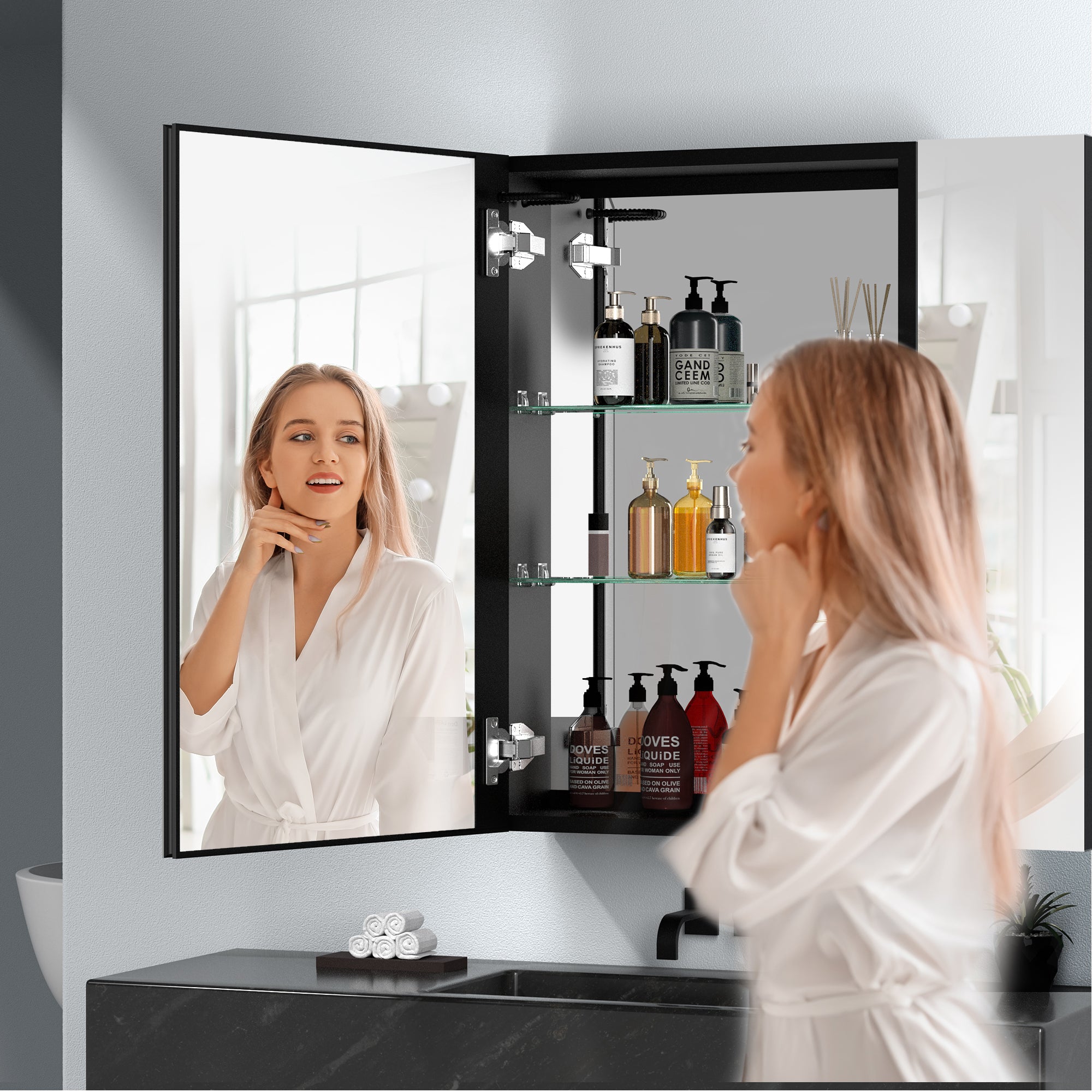 30" Square Black Aluminum Surface Mount Medicine Cabinet with Mirror and Open Shelves