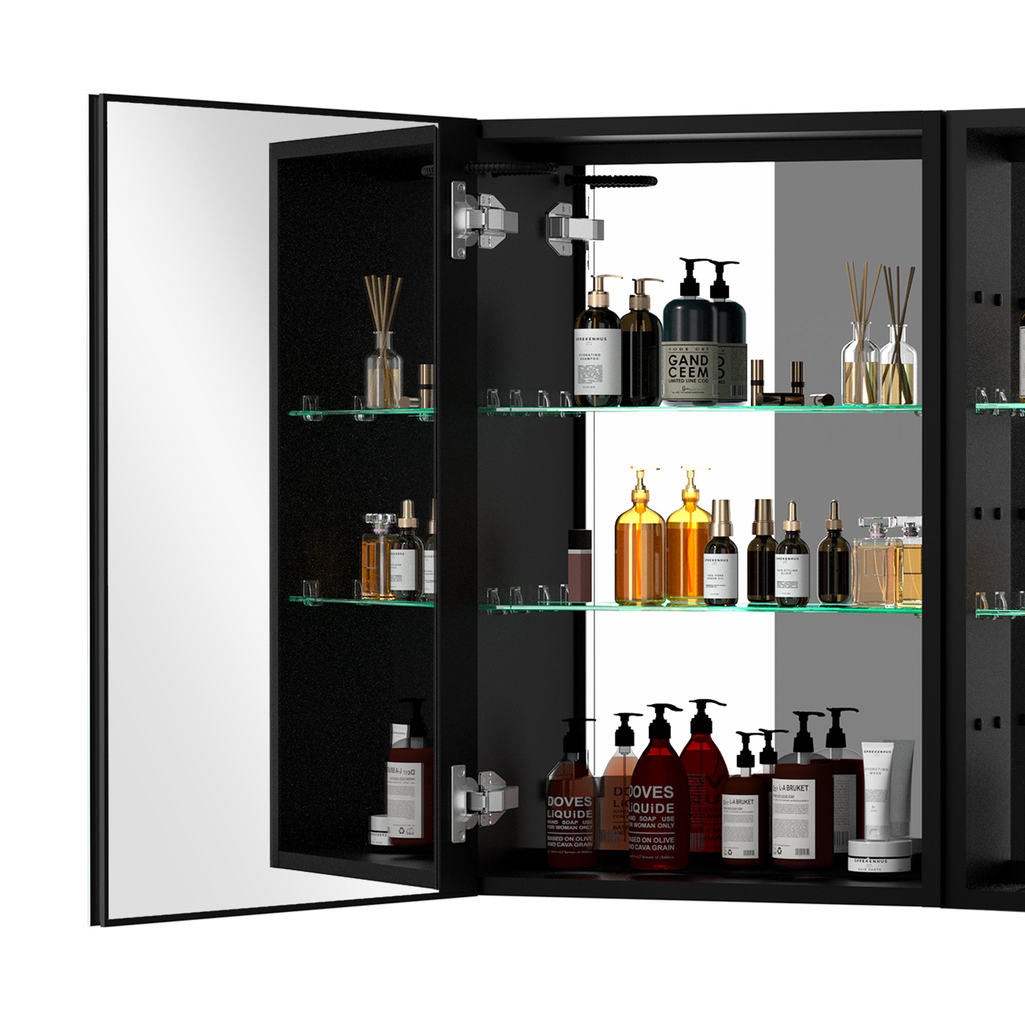 30" Square Black Aluminum Surface Mount Medicine Cabinet with Mirror and Open Shelves
