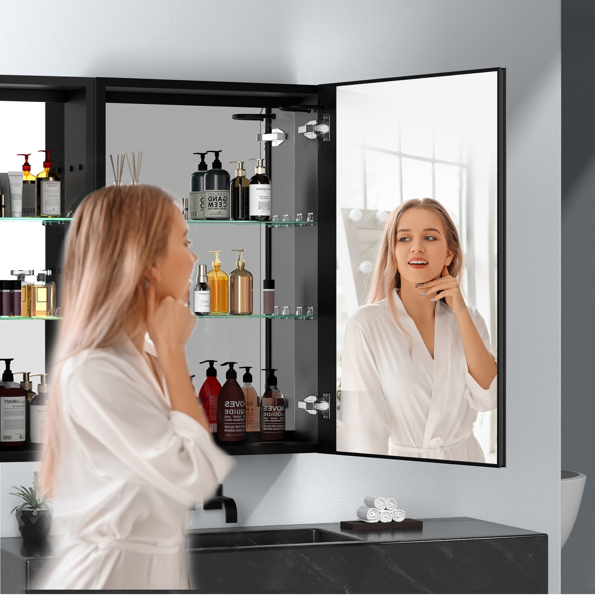 30"  Aluminum Surface Mount Medicine Cabinet with Mirror and Open Shelves