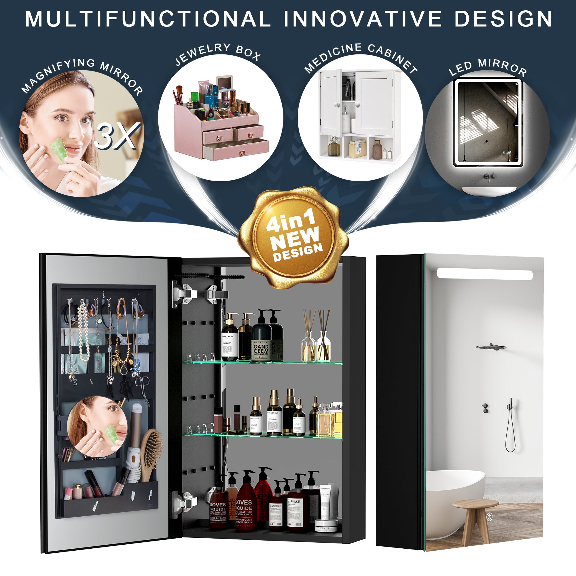 30"  Aluminum Surface Mount Medicine Cabinet with Mirror and LED Lights
