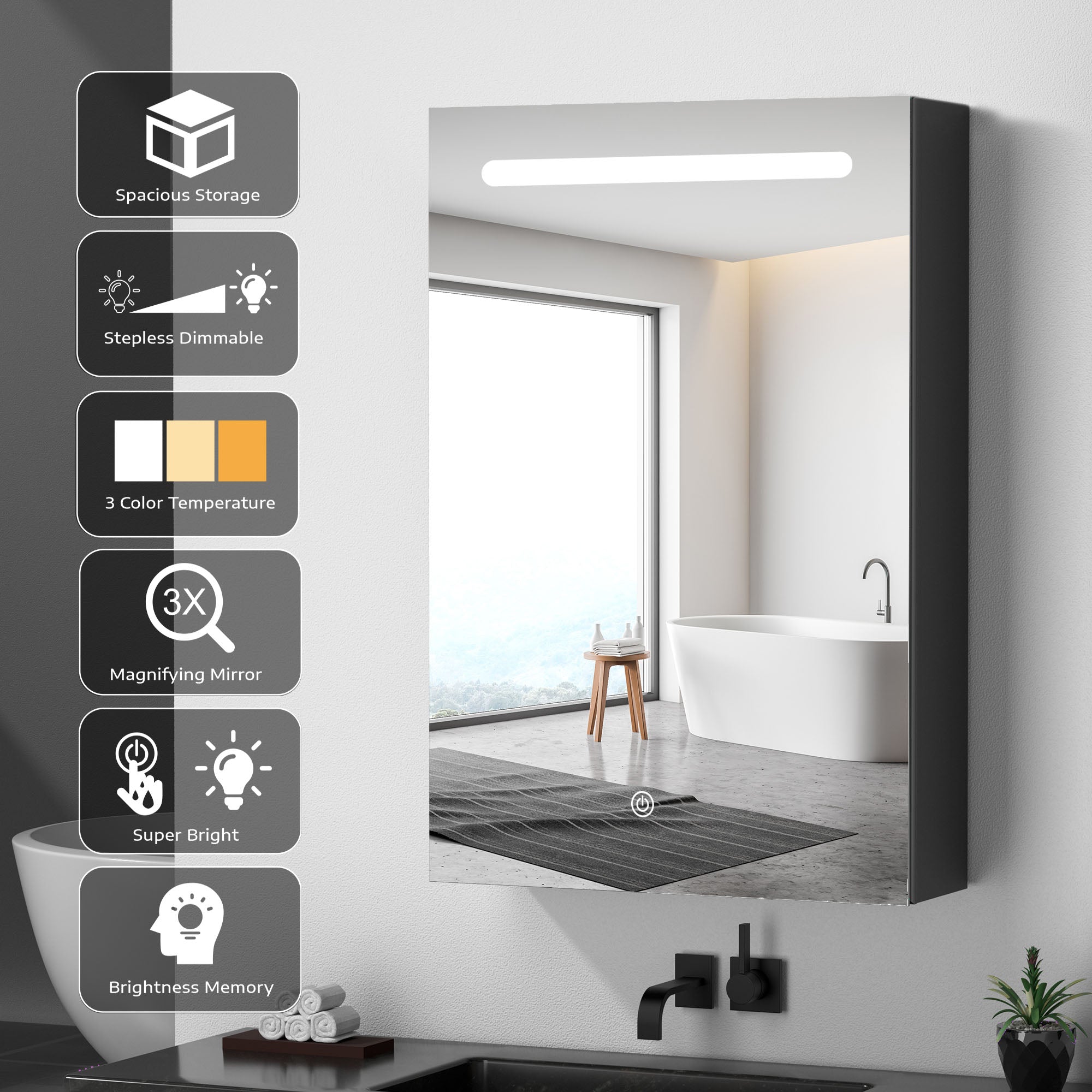 30"  Aluminum Surface Mount 1 Door Frameless Mirrored Medicine Cabinet with LED Lights and Open Right Shelves