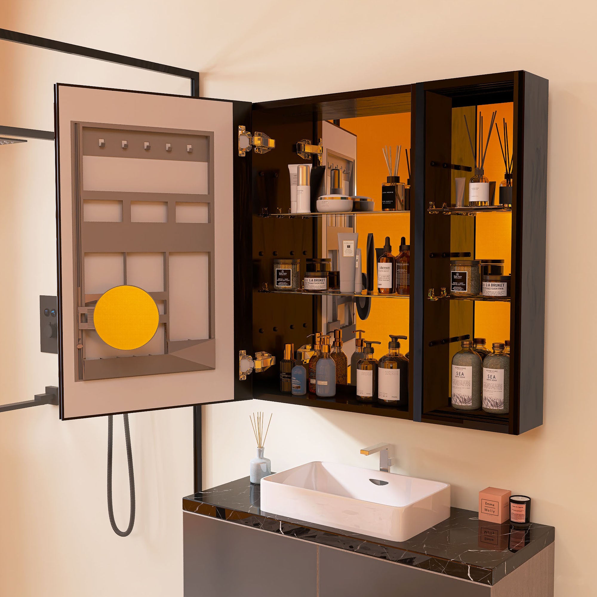 30"  Aluminum Surface Mount 1 Door Frameless Mirrored Medicine Cabinet with LED Lights and Open Right Shelves
