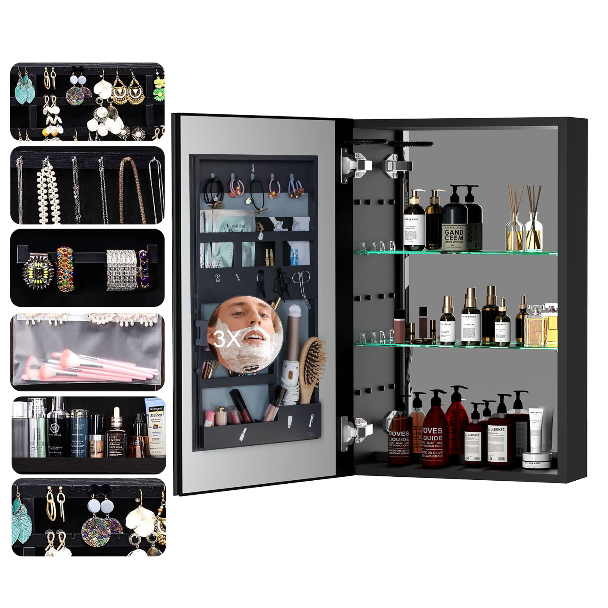 30"  Aluminum Surface Mount 1 Door Frameless Mirrored Medicine Cabinet with LED Lights and Open Right Shelves
