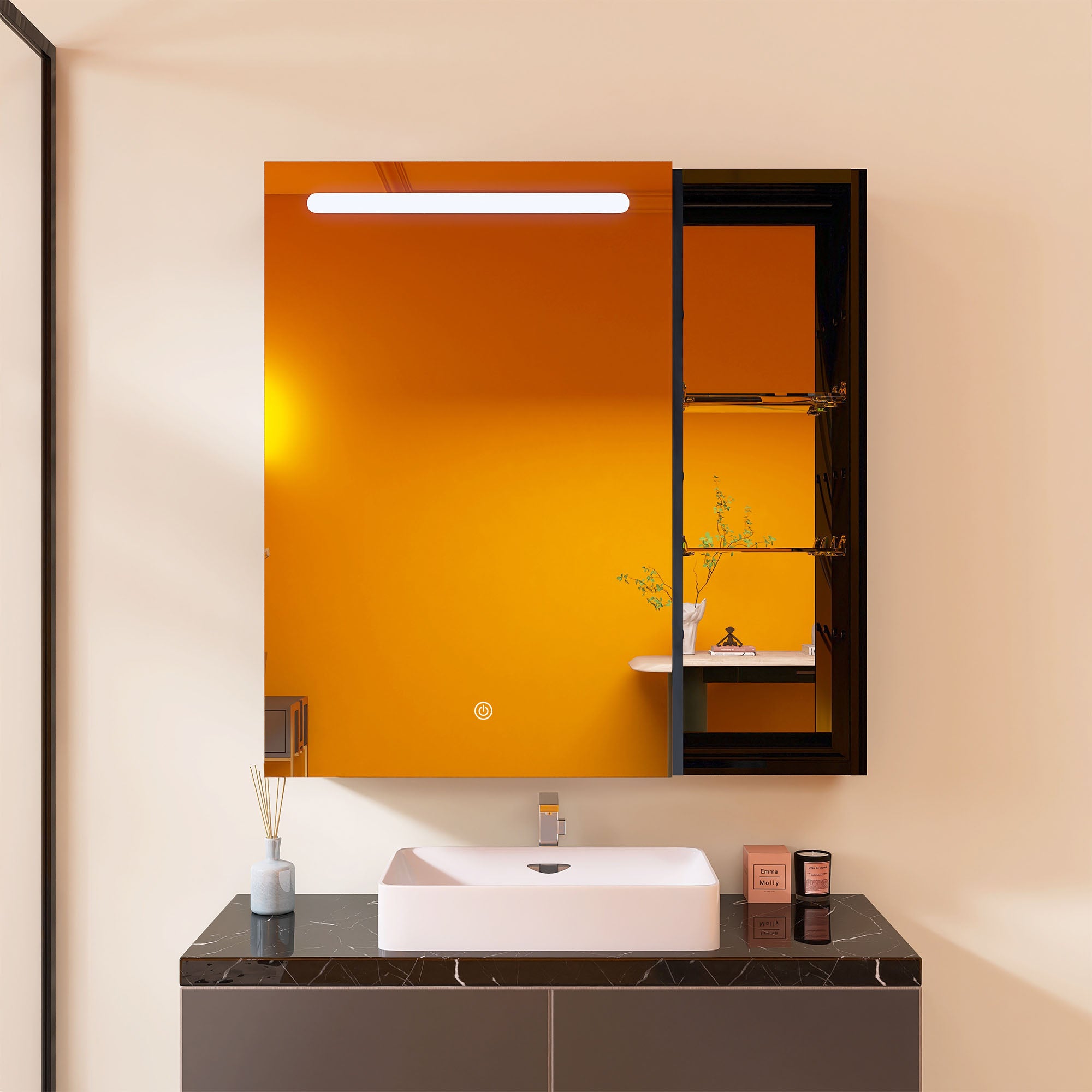 30"  Aluminum Surface Mount 1 Door Frameless Mirrored Medicine Cabinet with LED Lights and Open Right Shelves