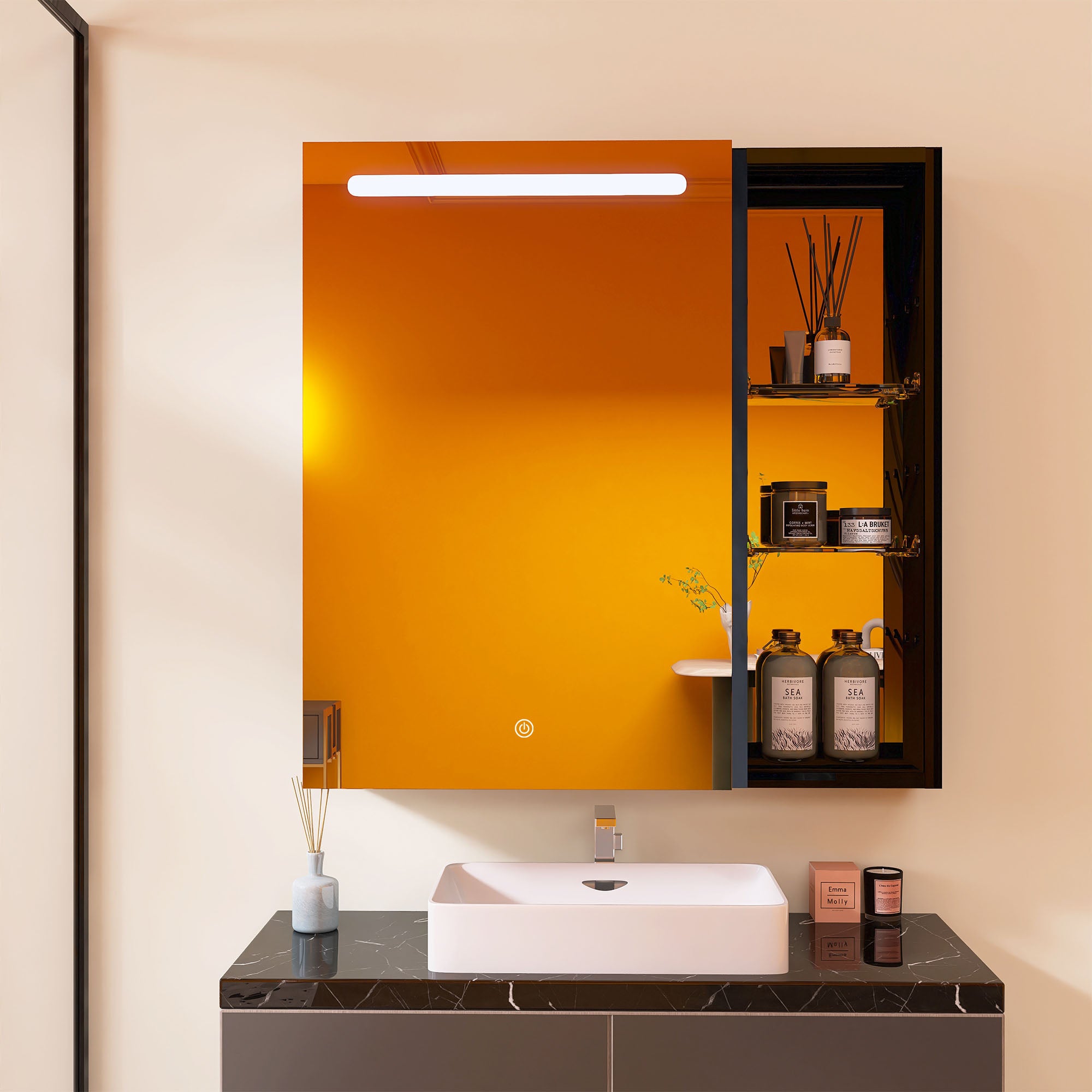 30"  Aluminum Surface Mount 1 Door Frameless Mirrored Medicine Cabinet with LED Lights and Open Right Shelves