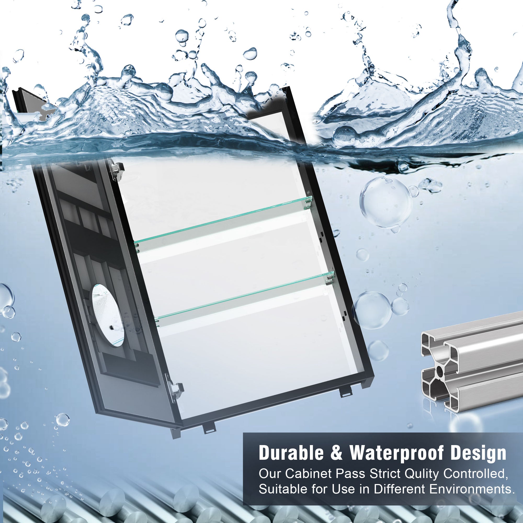 30"  Aluminum Surface Mount 1 Door Frameless Mirrored Medicine Cabinet with LED Lights and Open Right Shelves