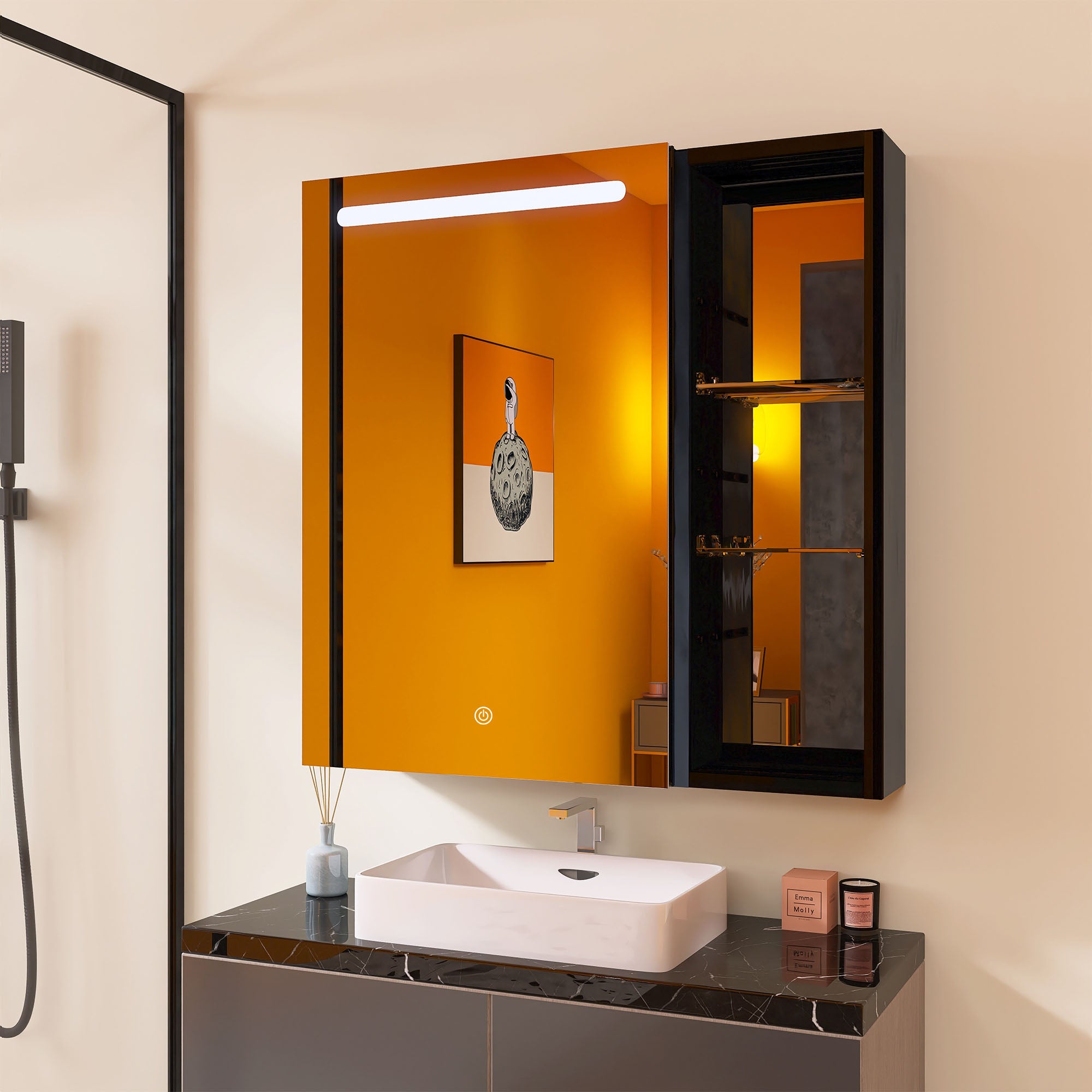 30"  Aluminum Surface Mount 1 Door Frameless Mirrored Medicine Cabinet with LED Lights and Open Right Shelves