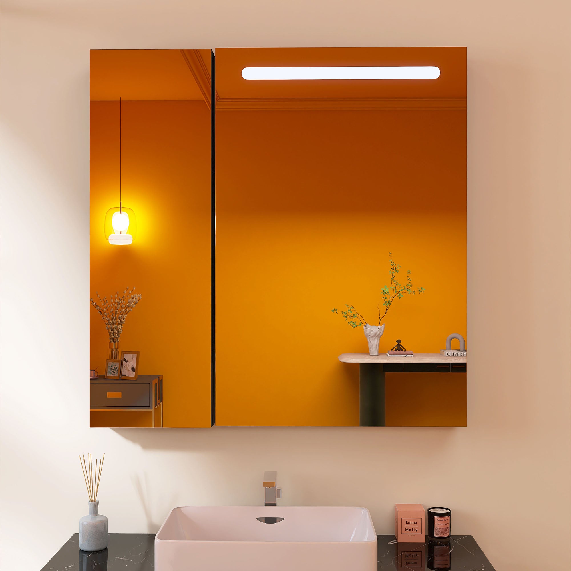 30" Aluminum Surface Mount 2 Door Frameless Mirrored Medicine Cabinet with LED Lighted Mirror Right