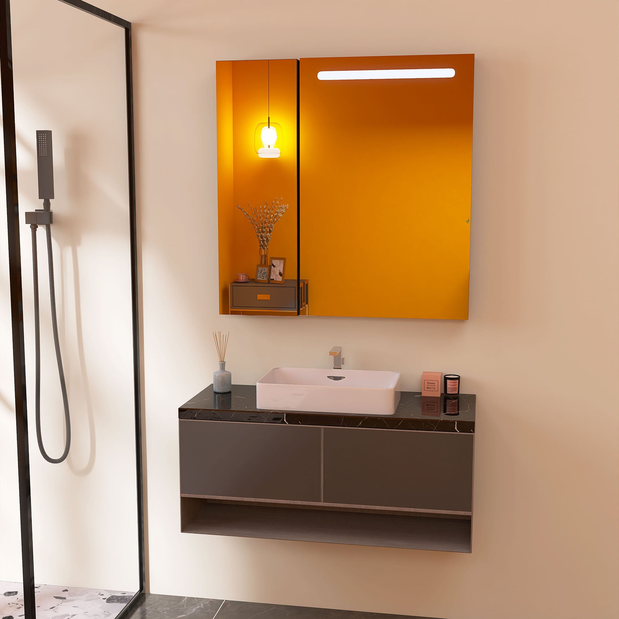 30" Aluminum Surface Mount 2 Door Frameless Mirrored Medicine Cabinet with LED Lighted Mirror Right