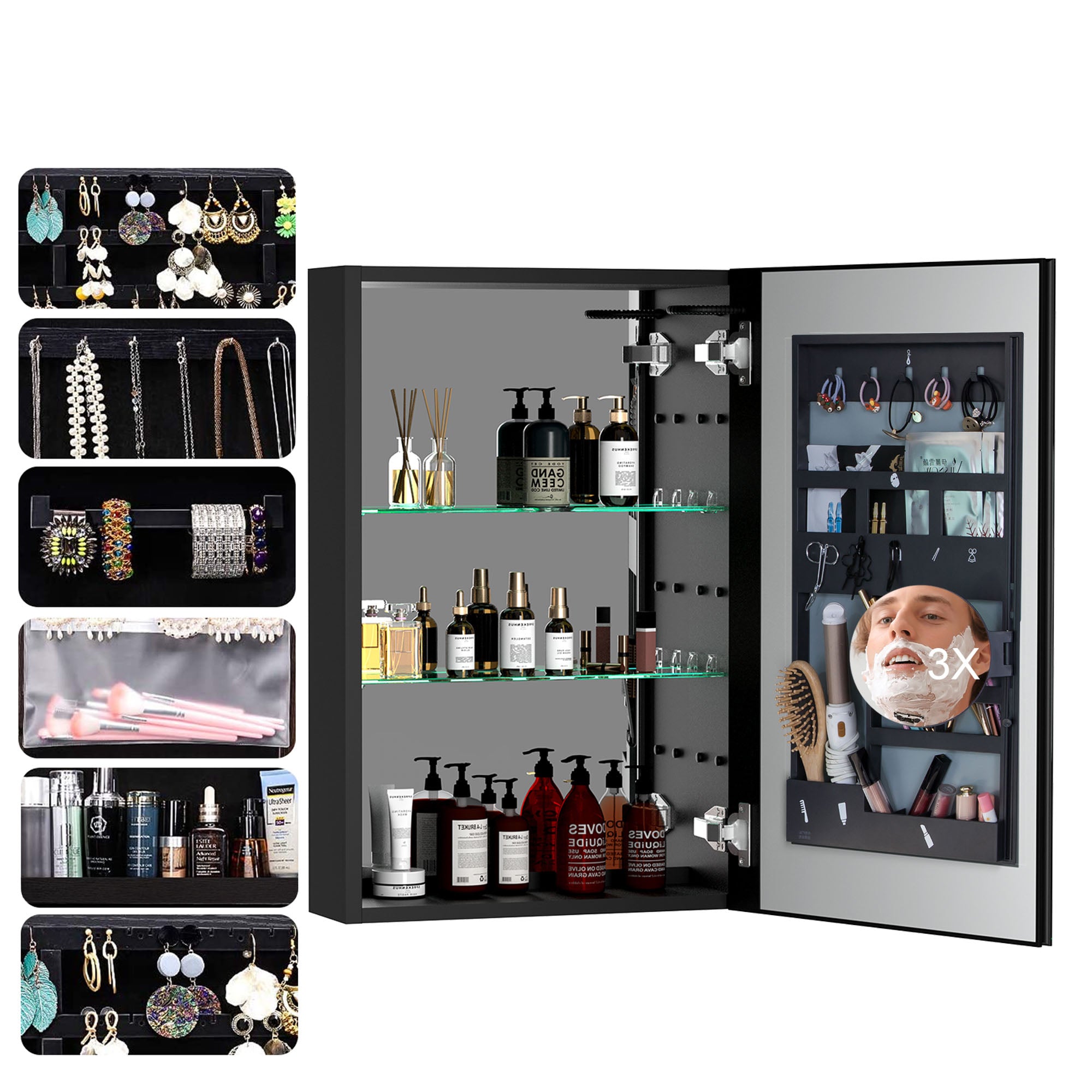 30"  Aluminum Surface Mount 1 Door Frameless Mirrored Medicine Cabinet with LED Lights and Open Left Shelves