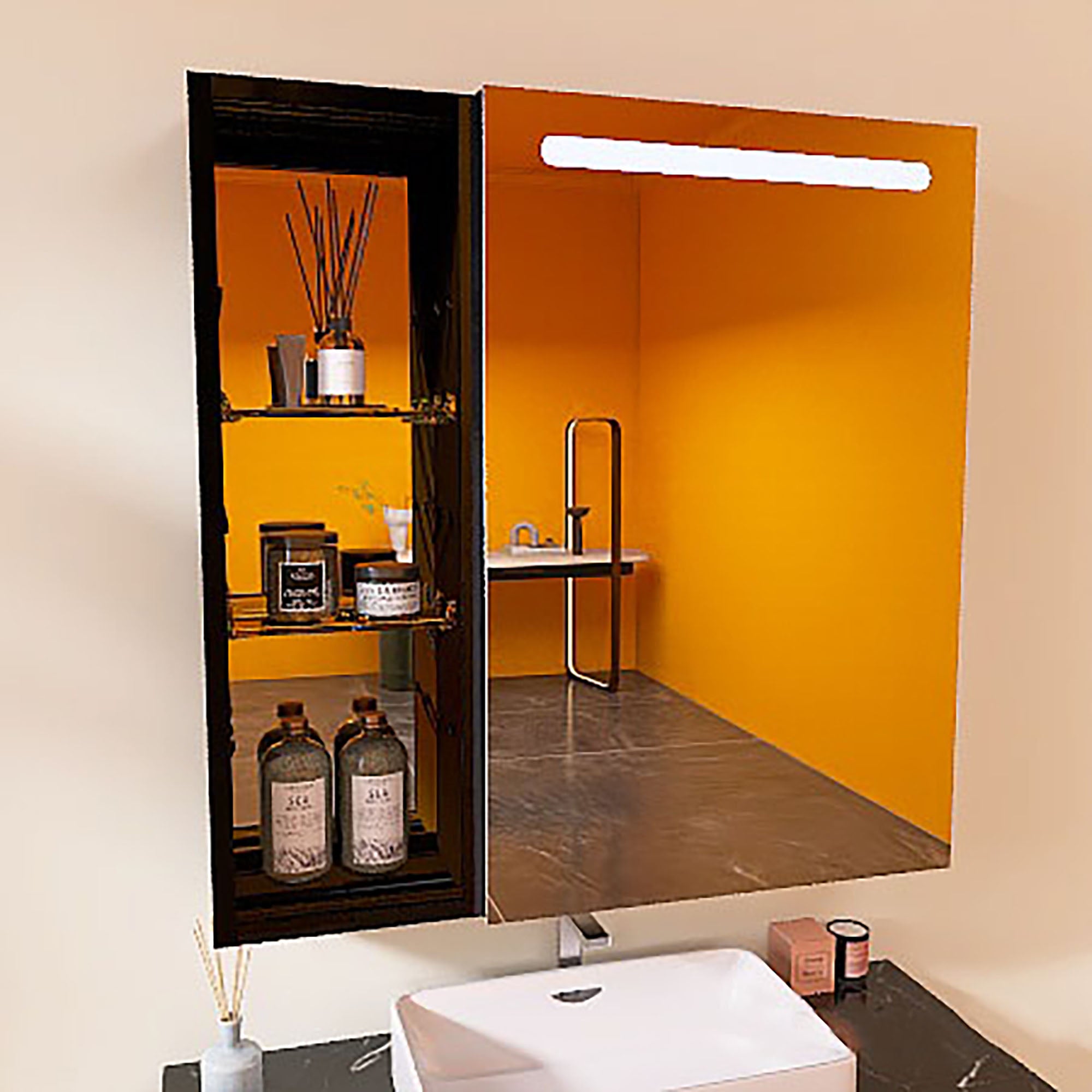 30"  Aluminum Surface Mount 1 Door Frameless Mirrored Medicine Cabinet with LED Lights and Open Left Shelves