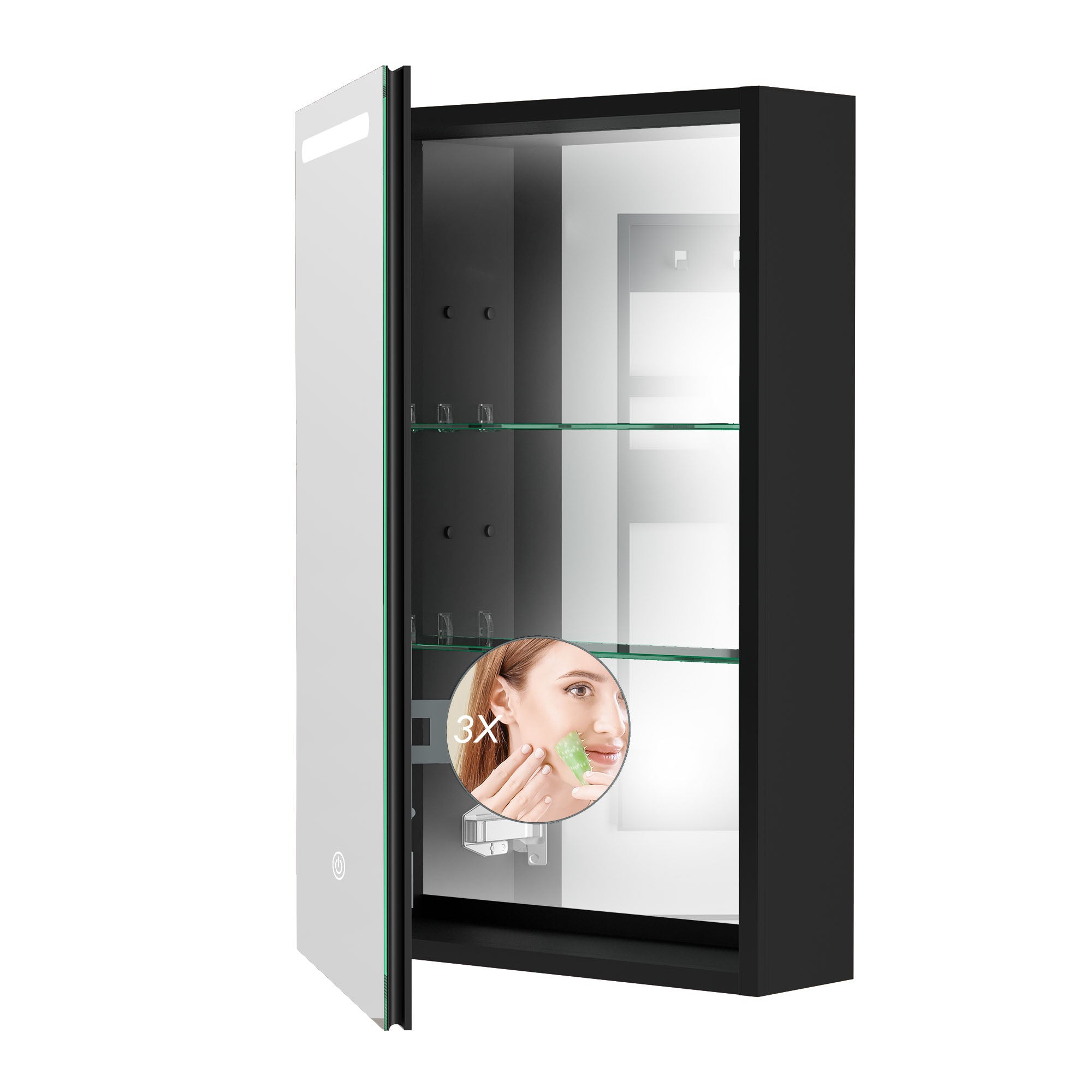 30"  Aluminum Surface Mount 1 Door Frameless Mirrored Medicine Cabinet with LED Lights and Open Left Shelves