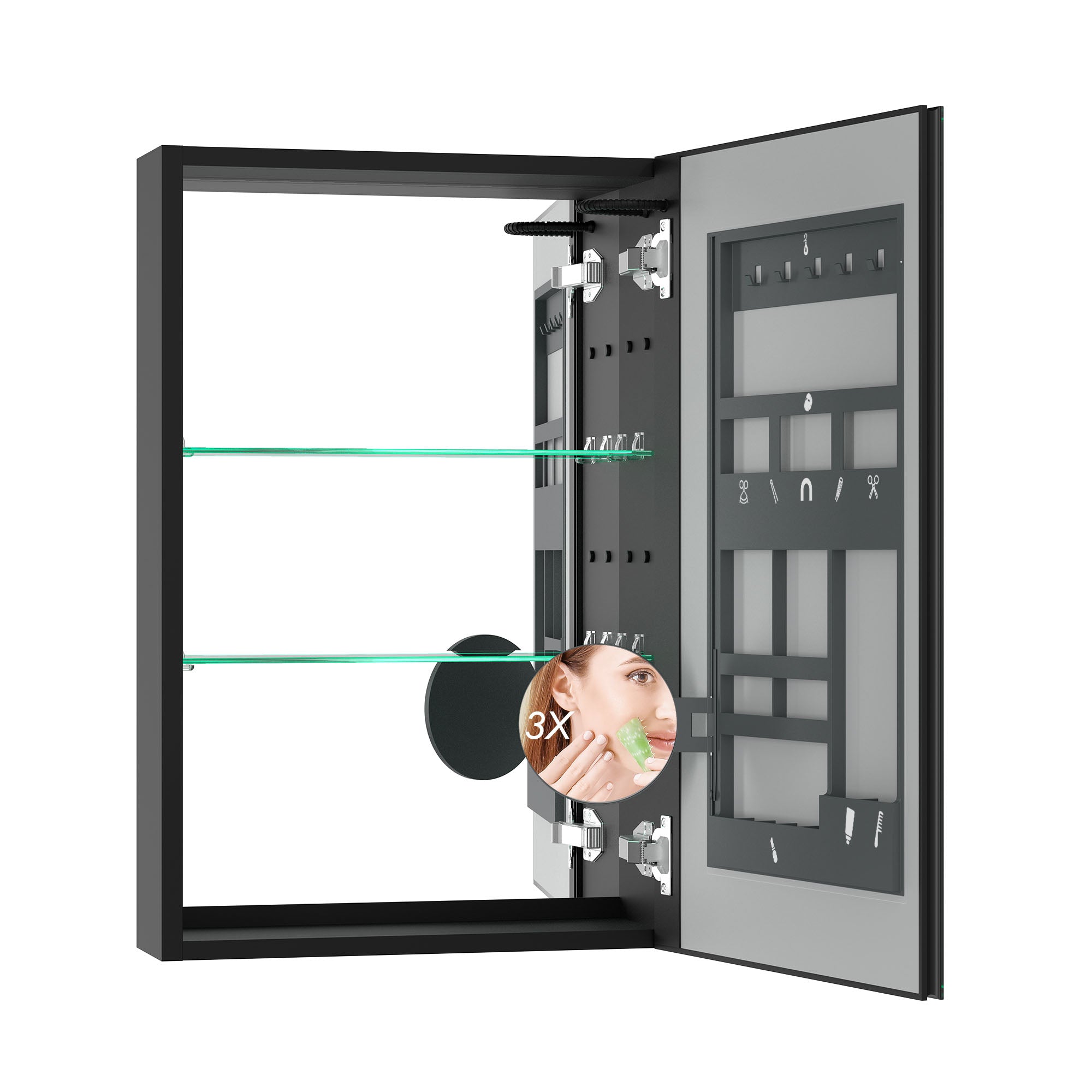 30"  Aluminum Surface Mount 1 Door Frameless Mirrored Medicine Cabinet with LED Lights and Open Left Shelves