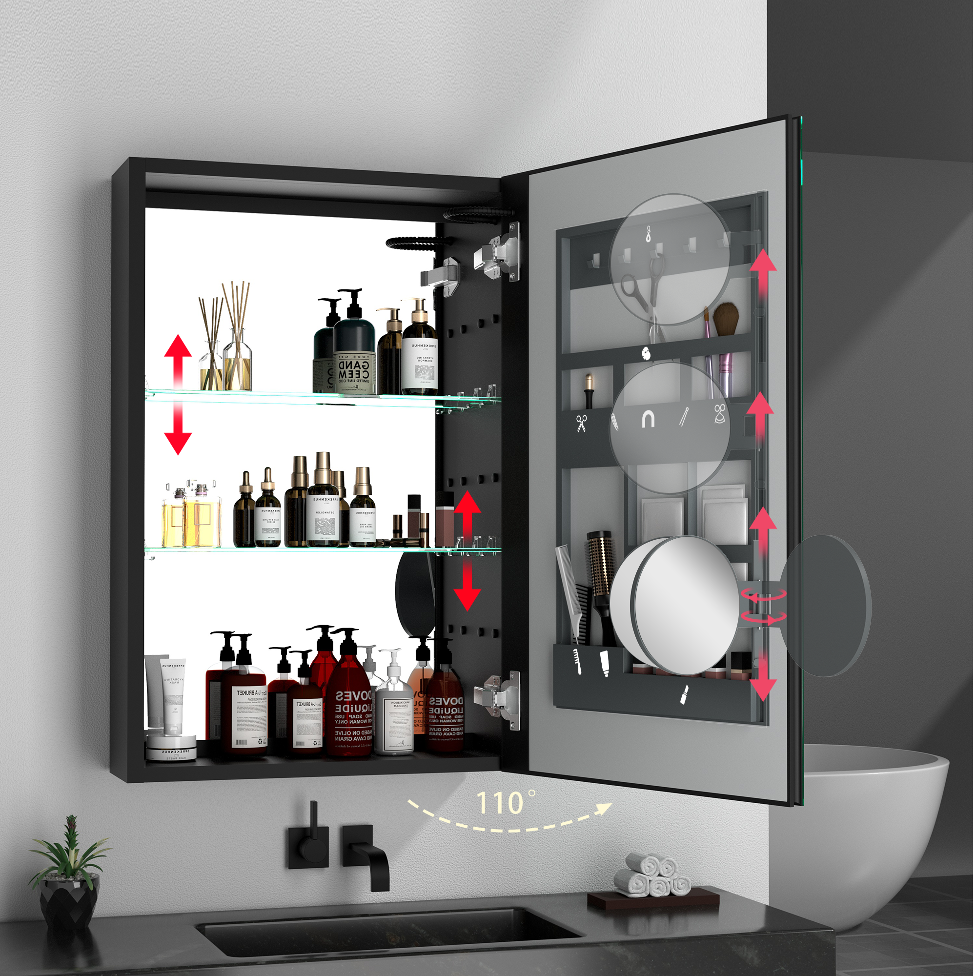 30"  Aluminum Surface Mount 1 Door Frameless Mirrored Medicine Cabinet with LED Lights and Open Left Shelves