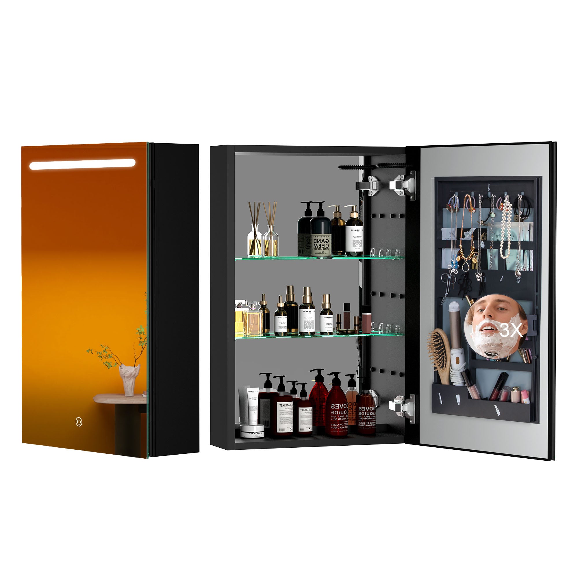 30"  Aluminum Surface Mount 1 Door Frameless Mirrored Medicine Cabinet with LED Lights and Open Left Shelves