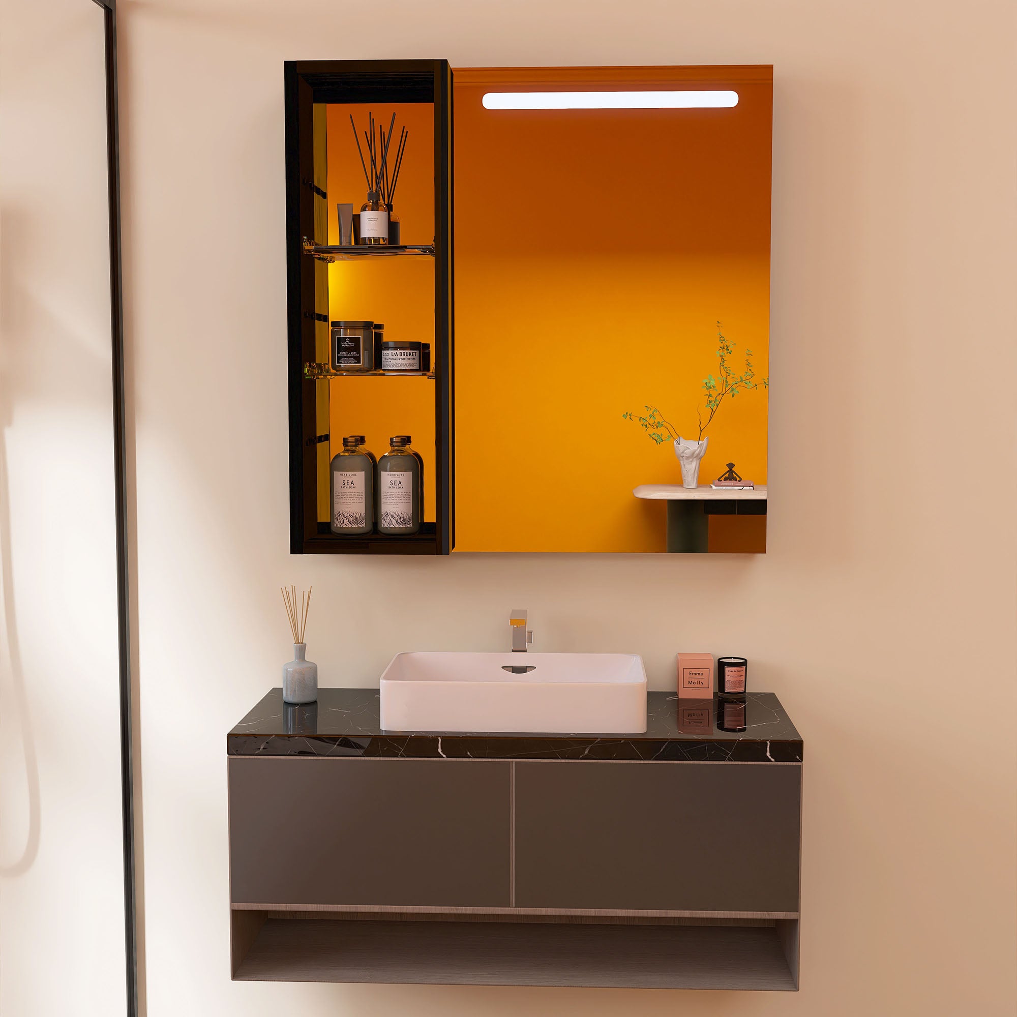 30"  Aluminum Surface Mount 1 Door Frameless Mirrored Medicine Cabinet with LED Lights and Open Left Shelves