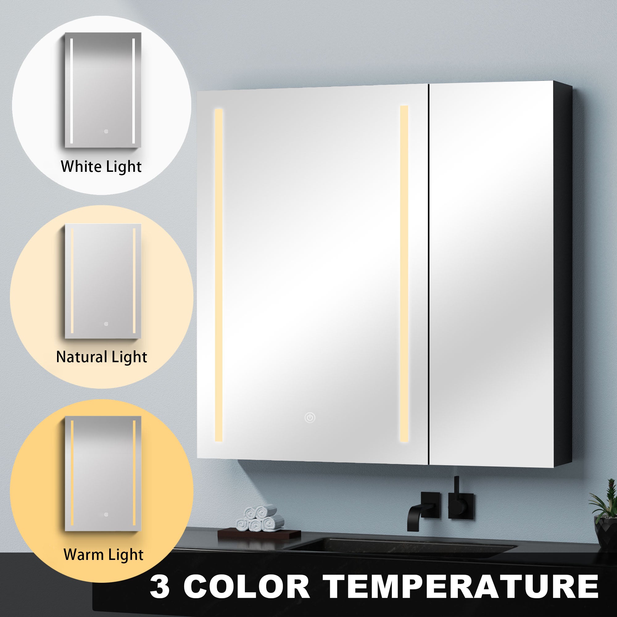 30"  Aluminum Surface Mount Medicine Cabinet with Mirror and LED Lights