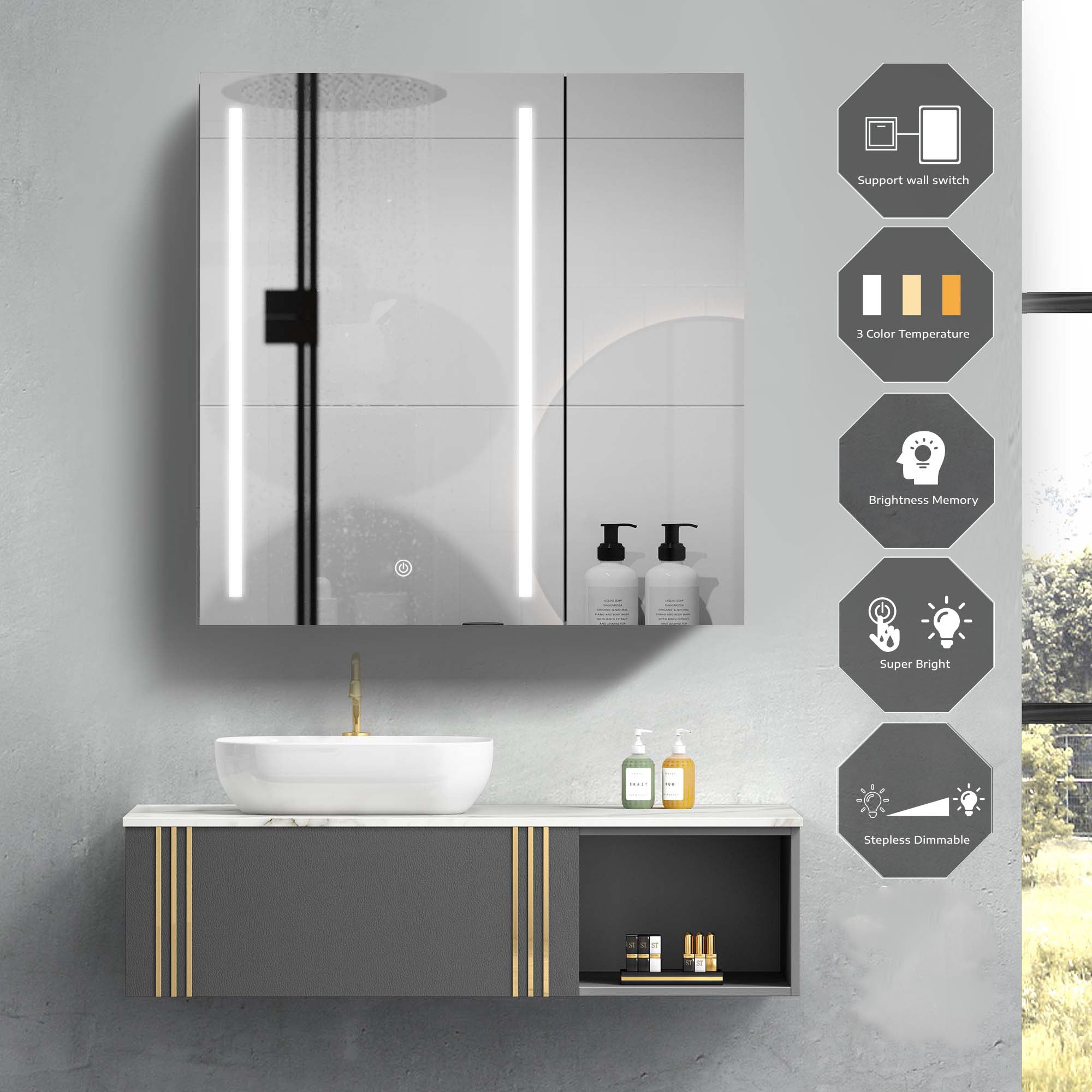 30"  Aluminum Surface Mount Medicine Cabinet with Mirror and LED Lights