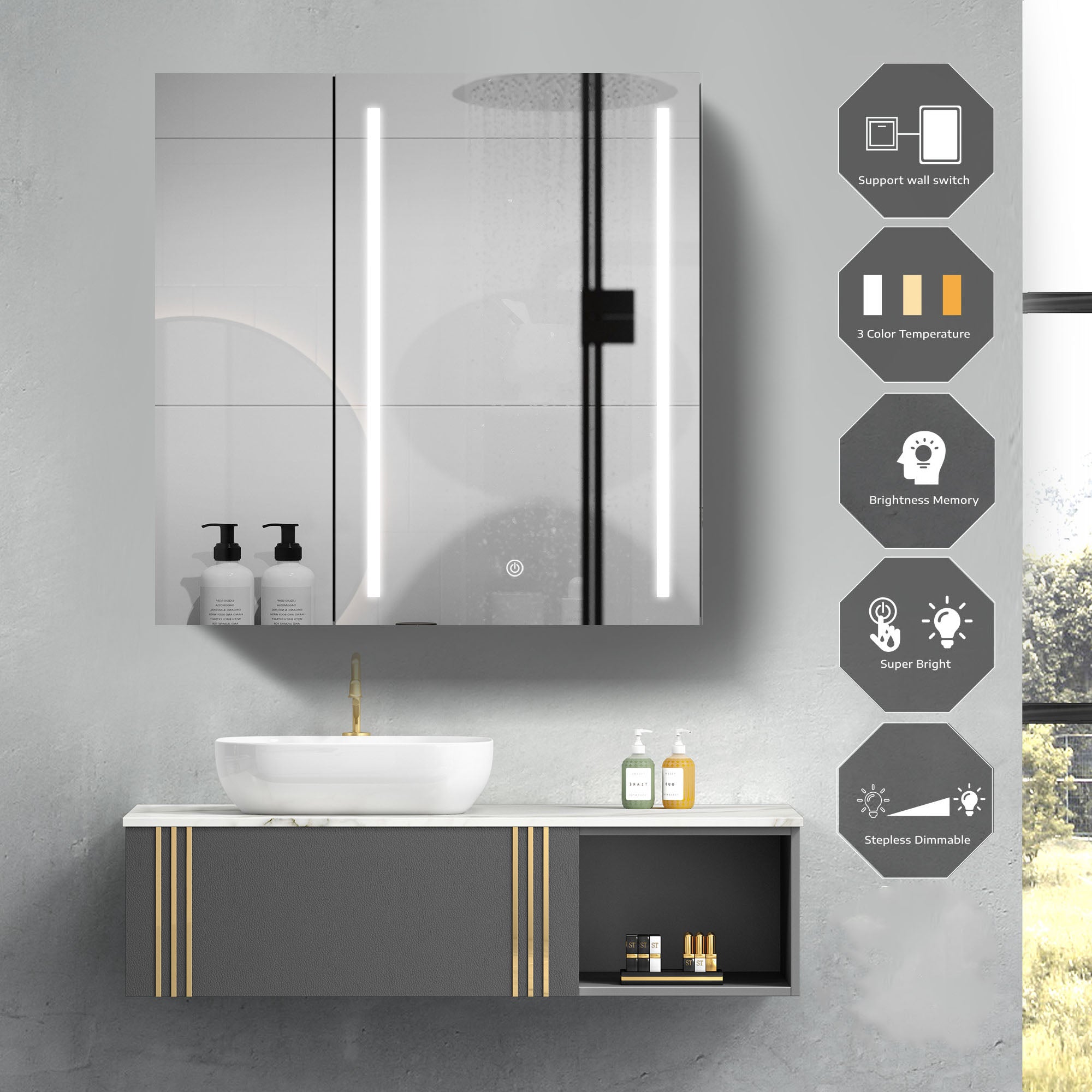30"  Aluminum Surface Mount Medicine Cabinet with Mirror and LED Lights