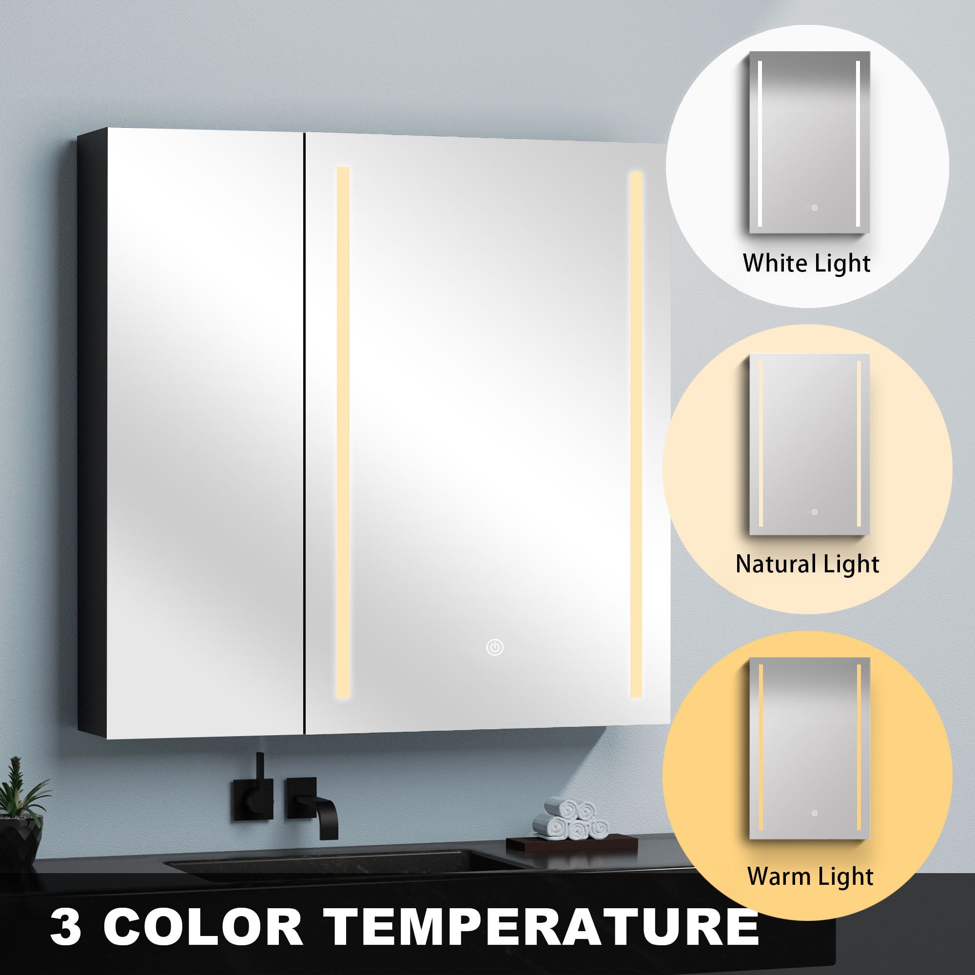 30"  Aluminum Surface Mount Medicine Cabinet with Mirror and LED Lights
