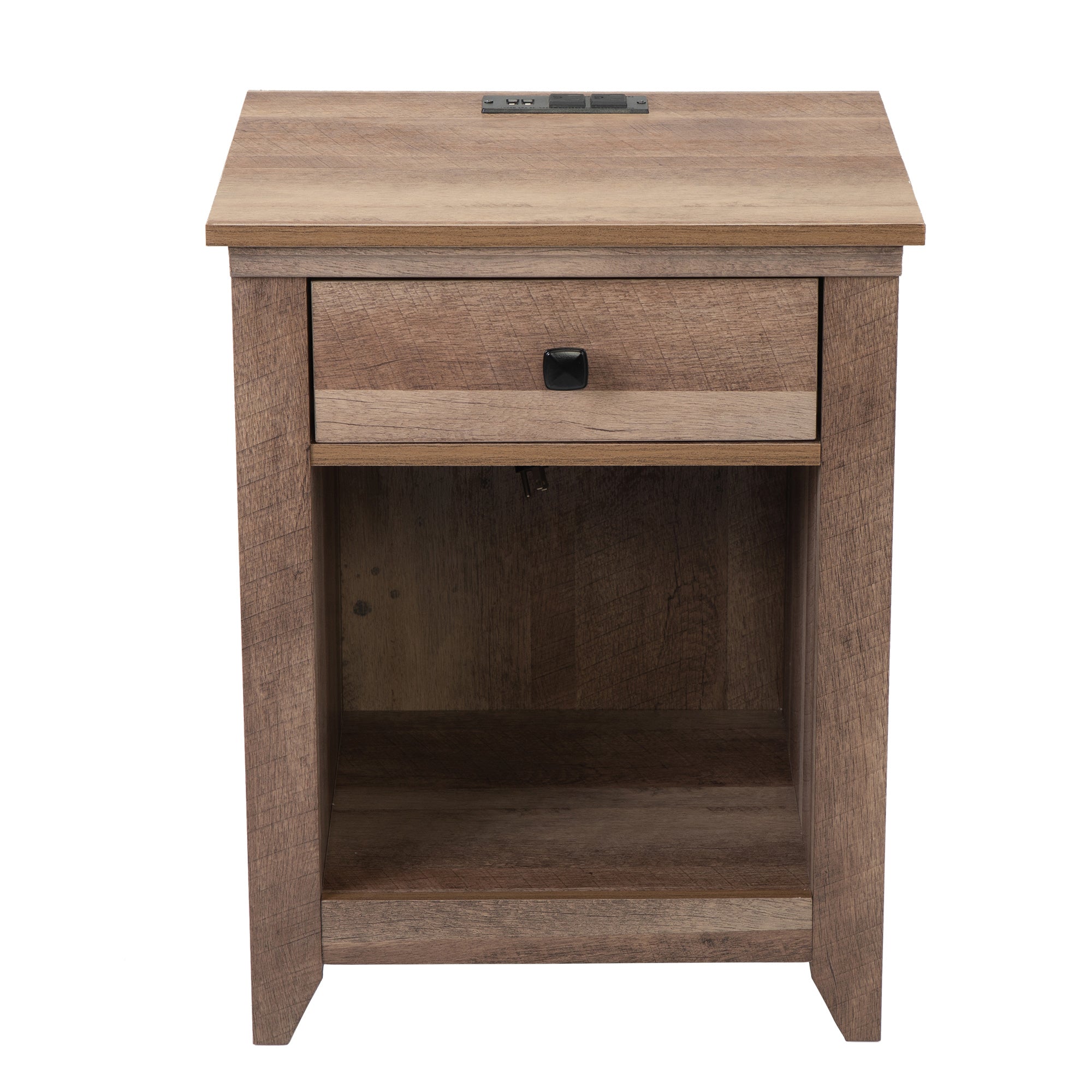 1-Drawer Wood Nightstand with USB Ports and Open Shelf