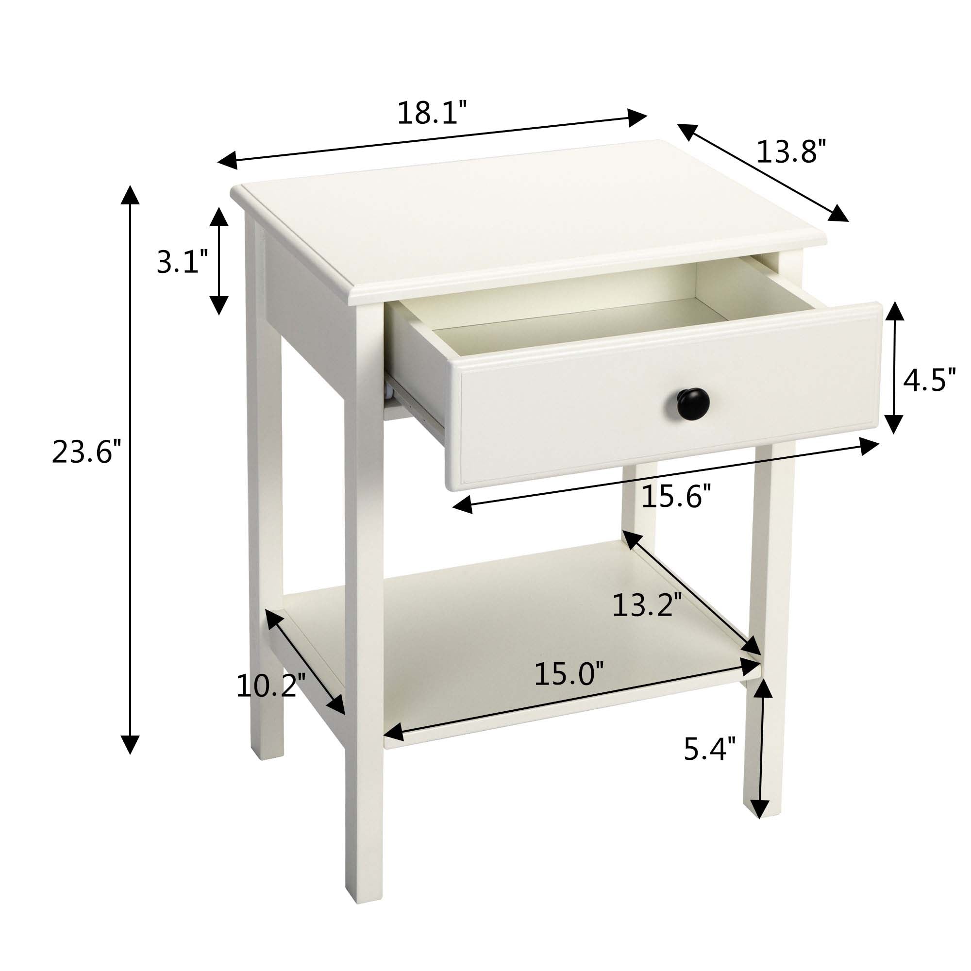 2 Set Wood Nightstand with 1-Drawer and Open Shelf in White