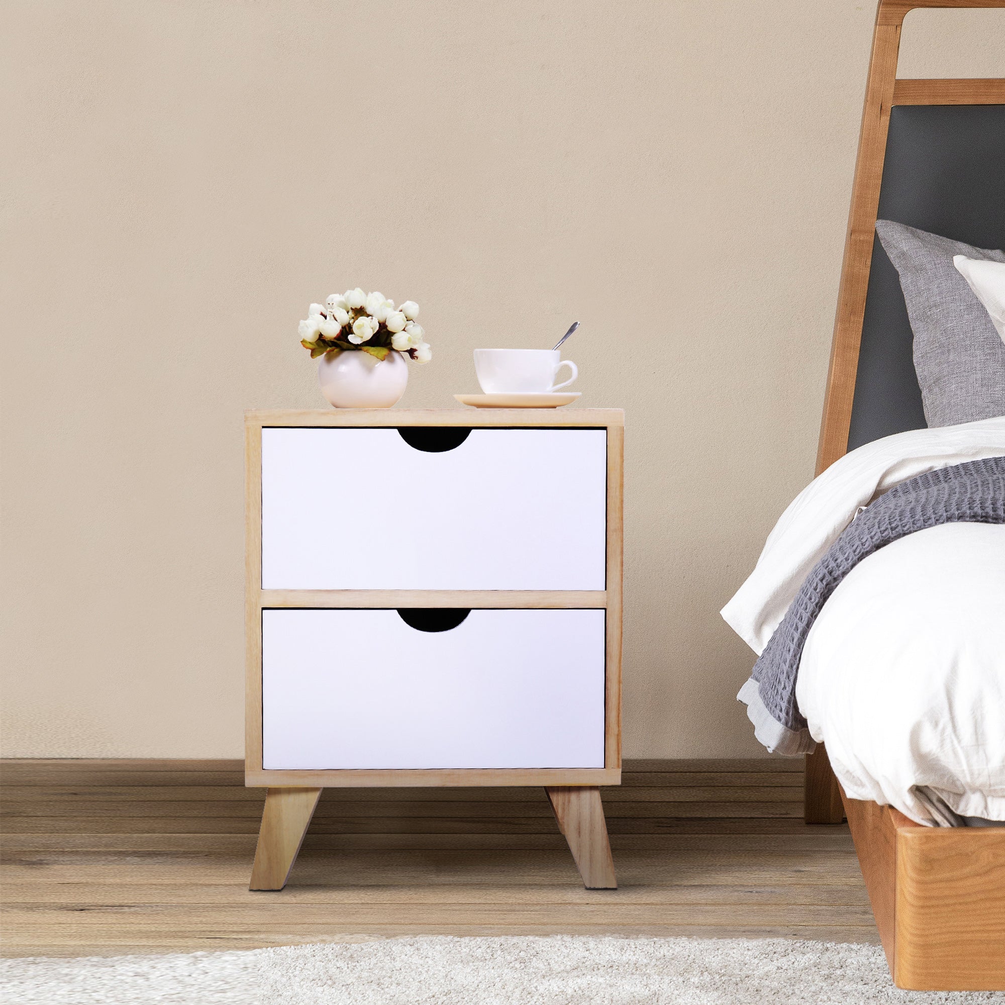 2 Set 2-Drawer Wood Nightstand in White