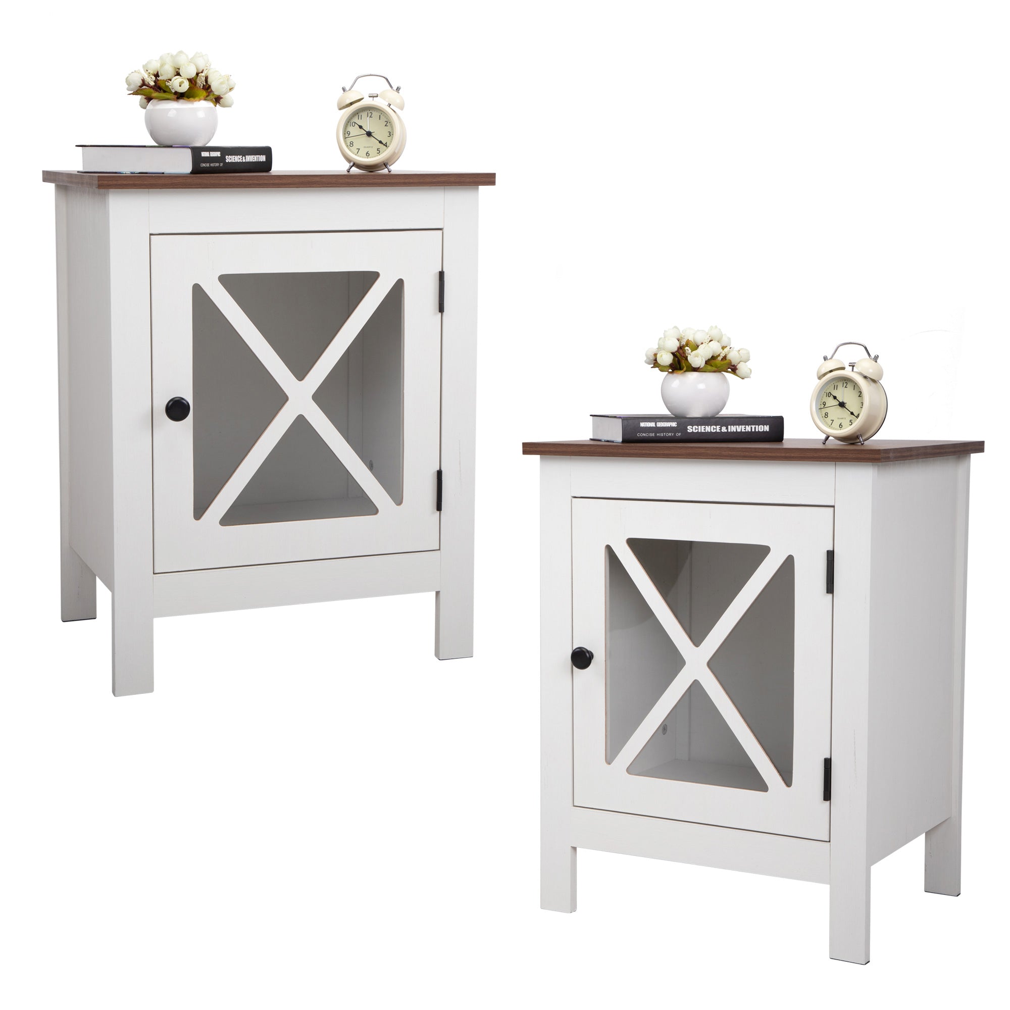 2 Set Wood Nightstand with Glass Door in White