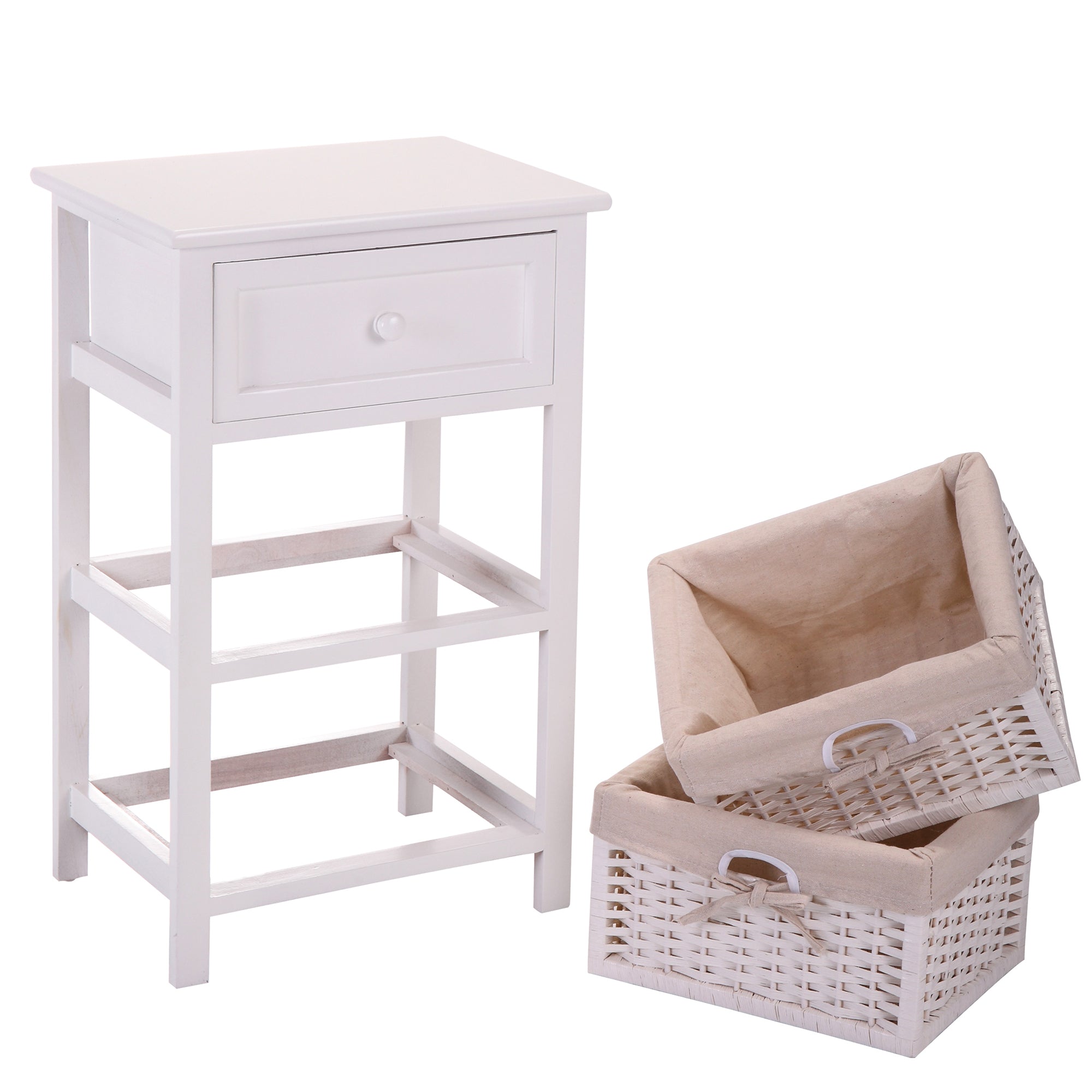 25" Tall 1-Drawer Wood Nightstand with Two Removable Baskets in White