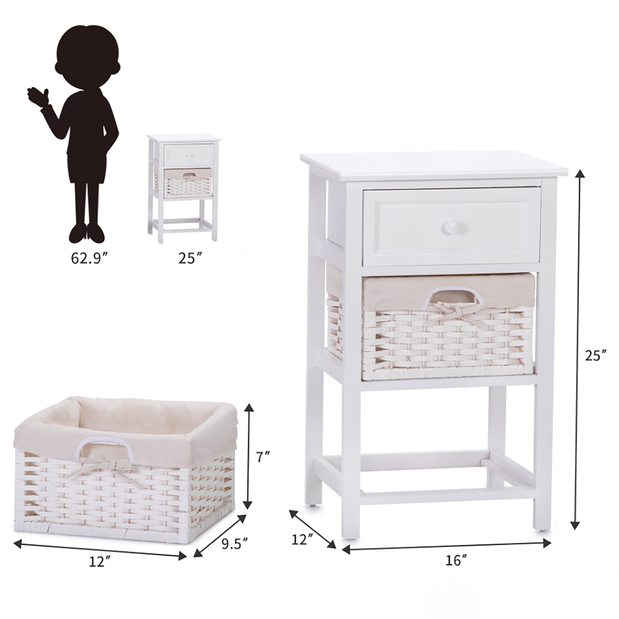 25" Tall 1-Drawer Wood Nightstand with Two Removable Baskets in White