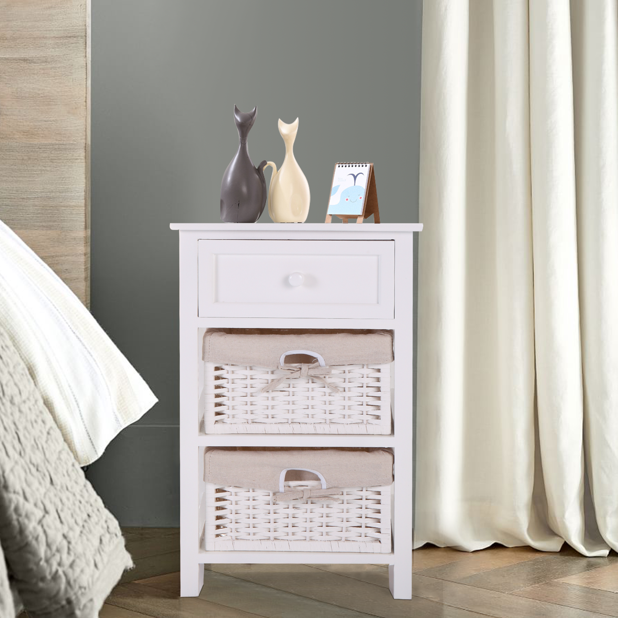 25" Tall 1-Drawer Wood Nightstand with Two Removable Baskets in White