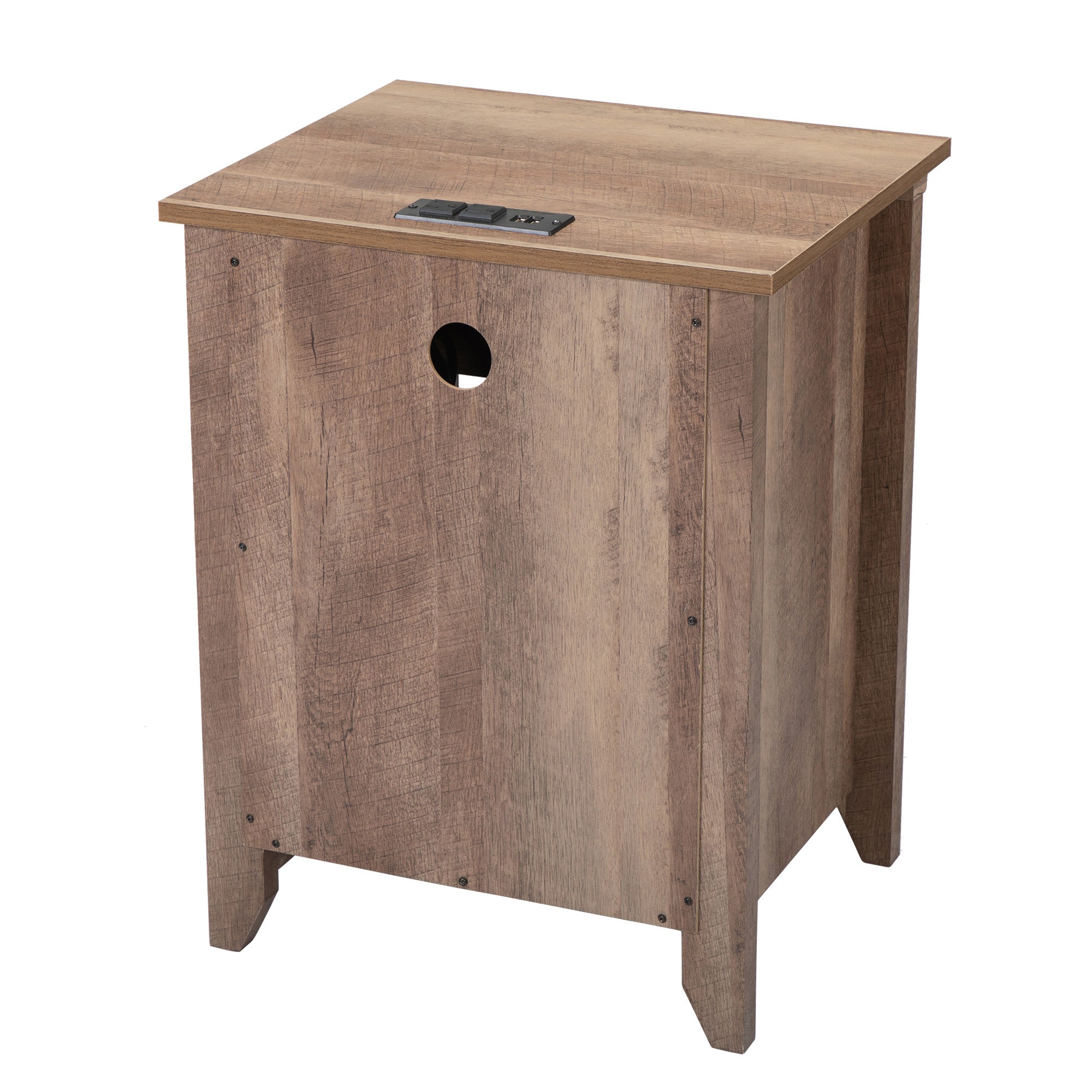 2 Set 1-Drawer Wood Nightstand with Power Outlets and Exterior Shelf in Brown
