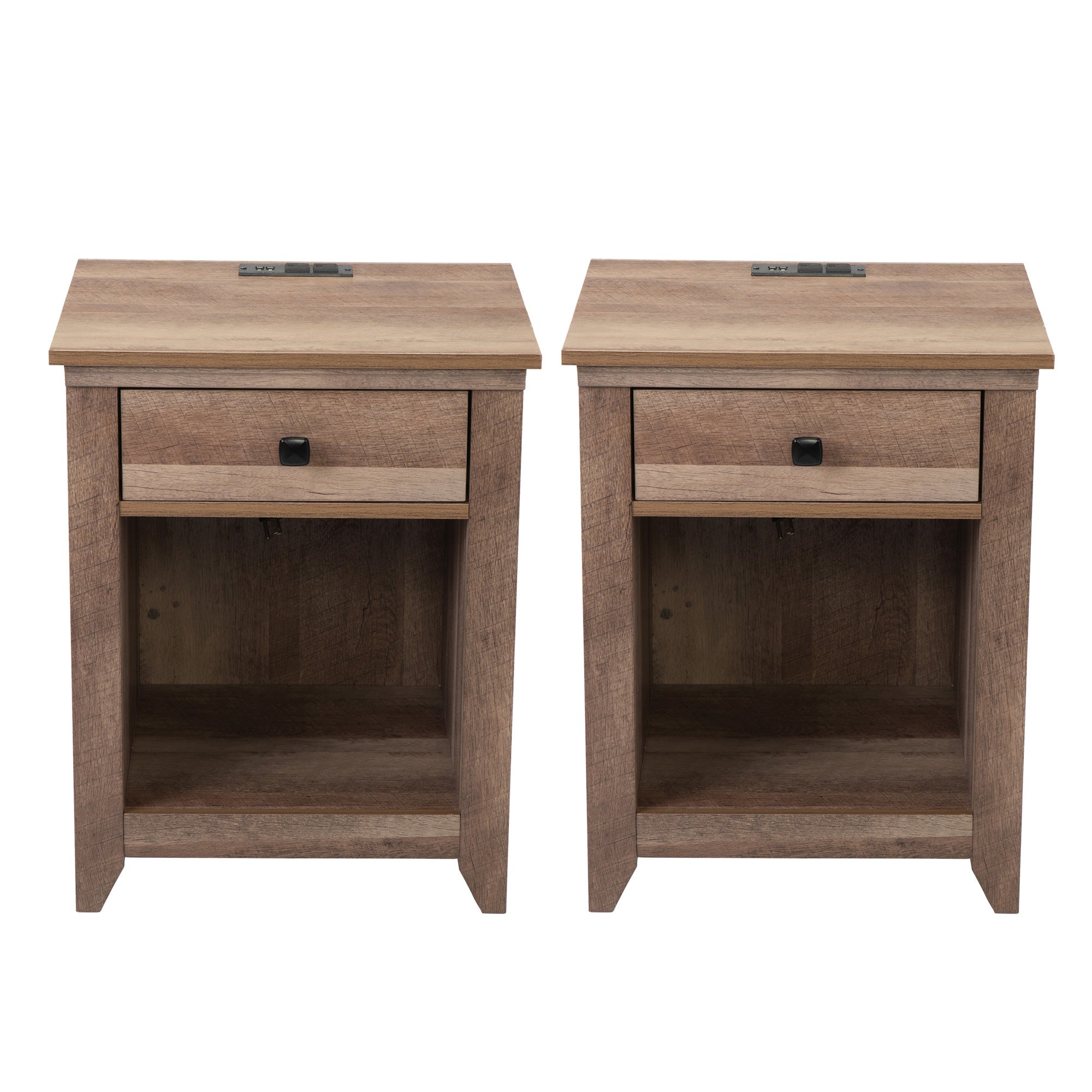 2 Set 1-Drawer Wood Nightstand with Power Outlets and Exterior Shelf in Brown