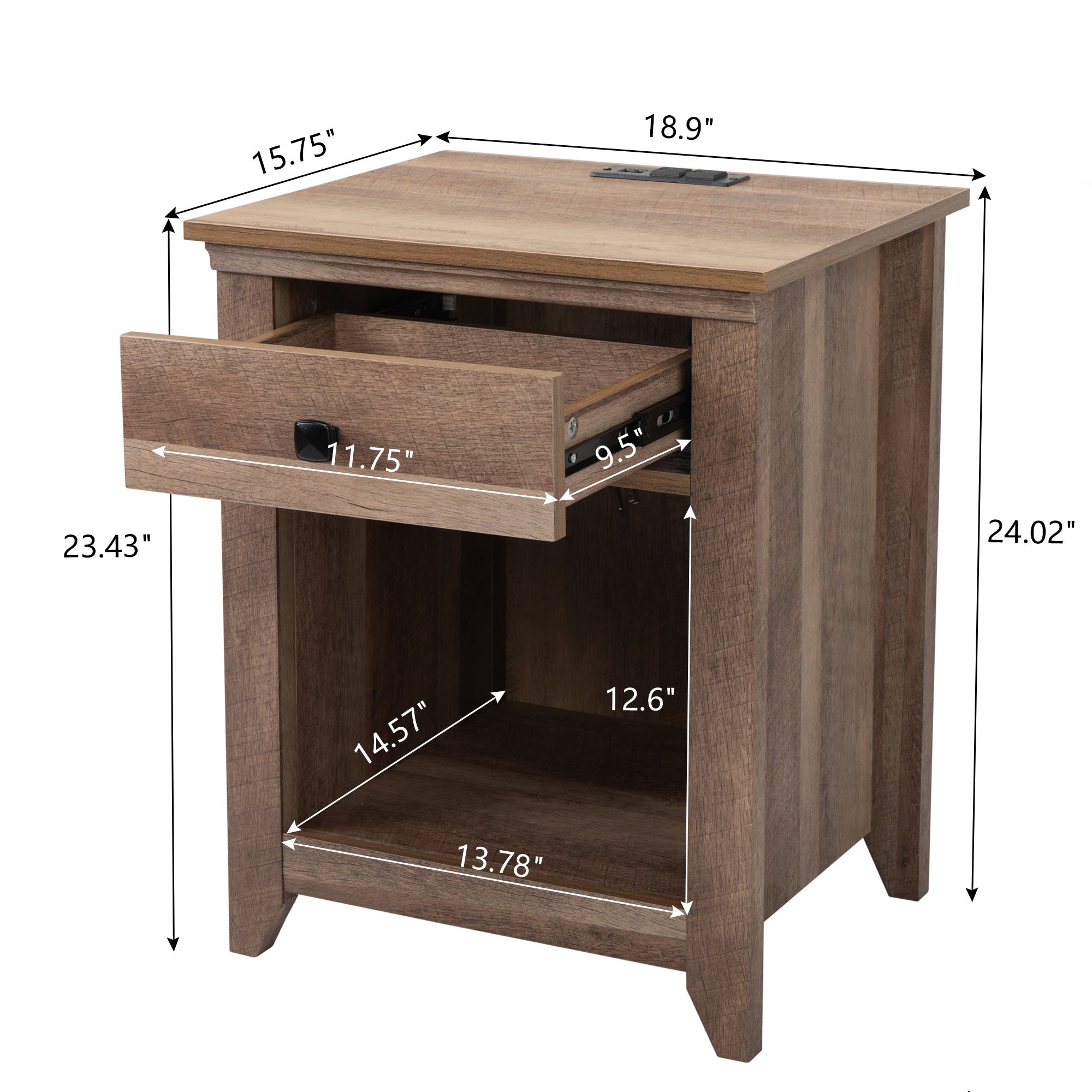 2 Set 1-Drawer Wood Nightstand with Power Outlets and Exterior Shelf in Brown