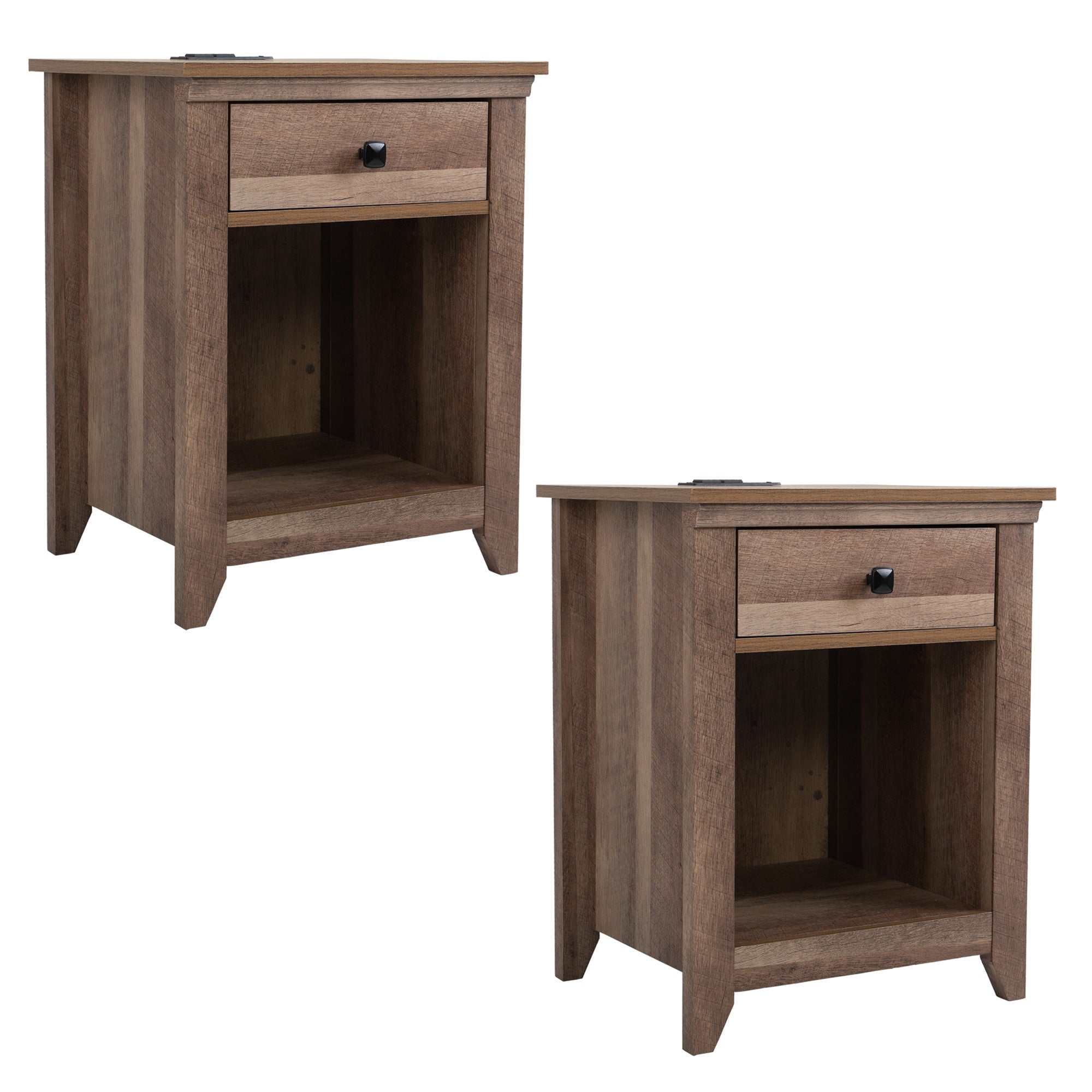 2 Set 1-Drawer Wood Nightstand with Power Outlets and Exterior Shelf in Brown