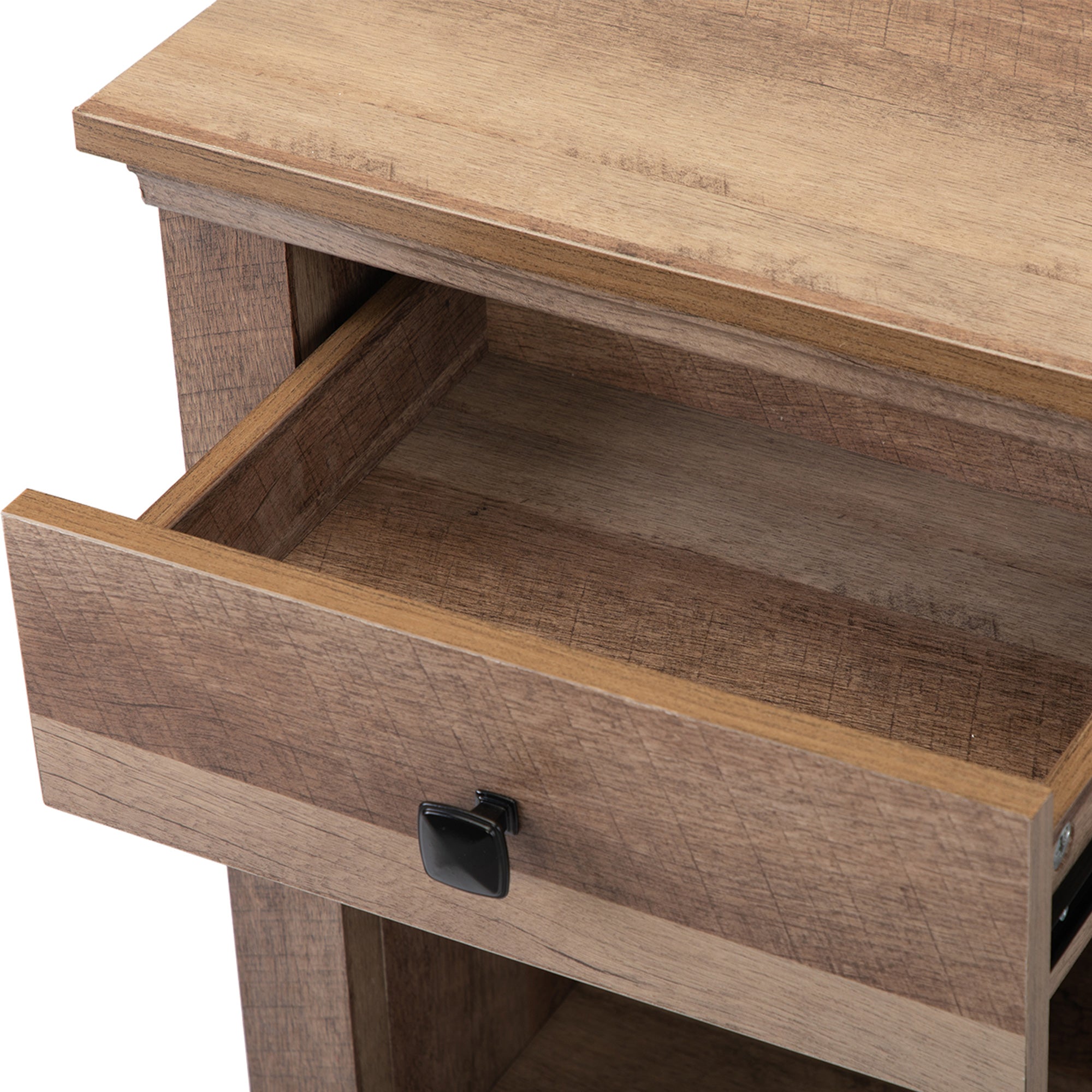 2 Set 1-Drawer Wood Nightstand with Power Outlets and Exterior Shelf in Brown