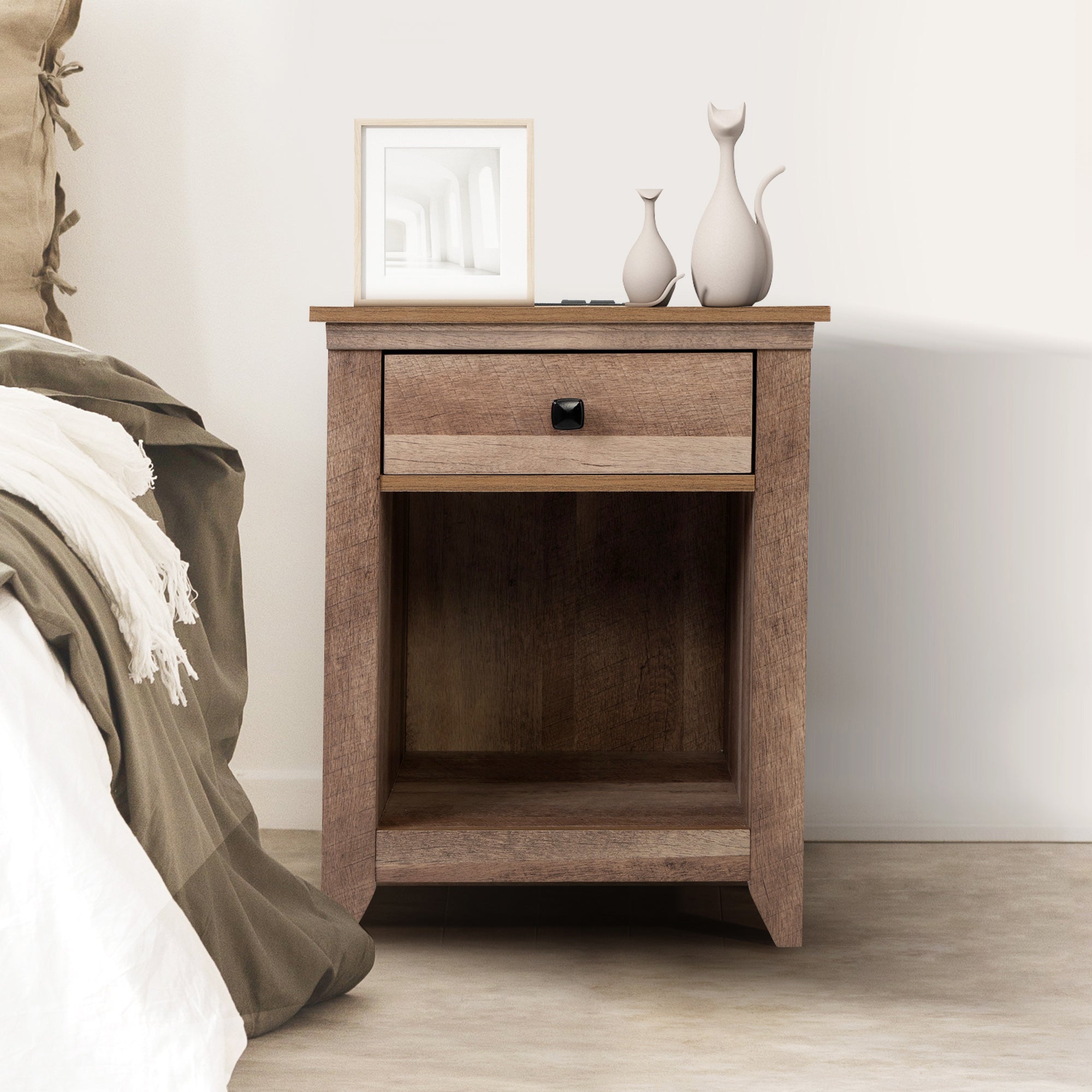 2 Set 1-Drawer Wood Nightstand with Power Outlets and Exterior Shelf in Brown