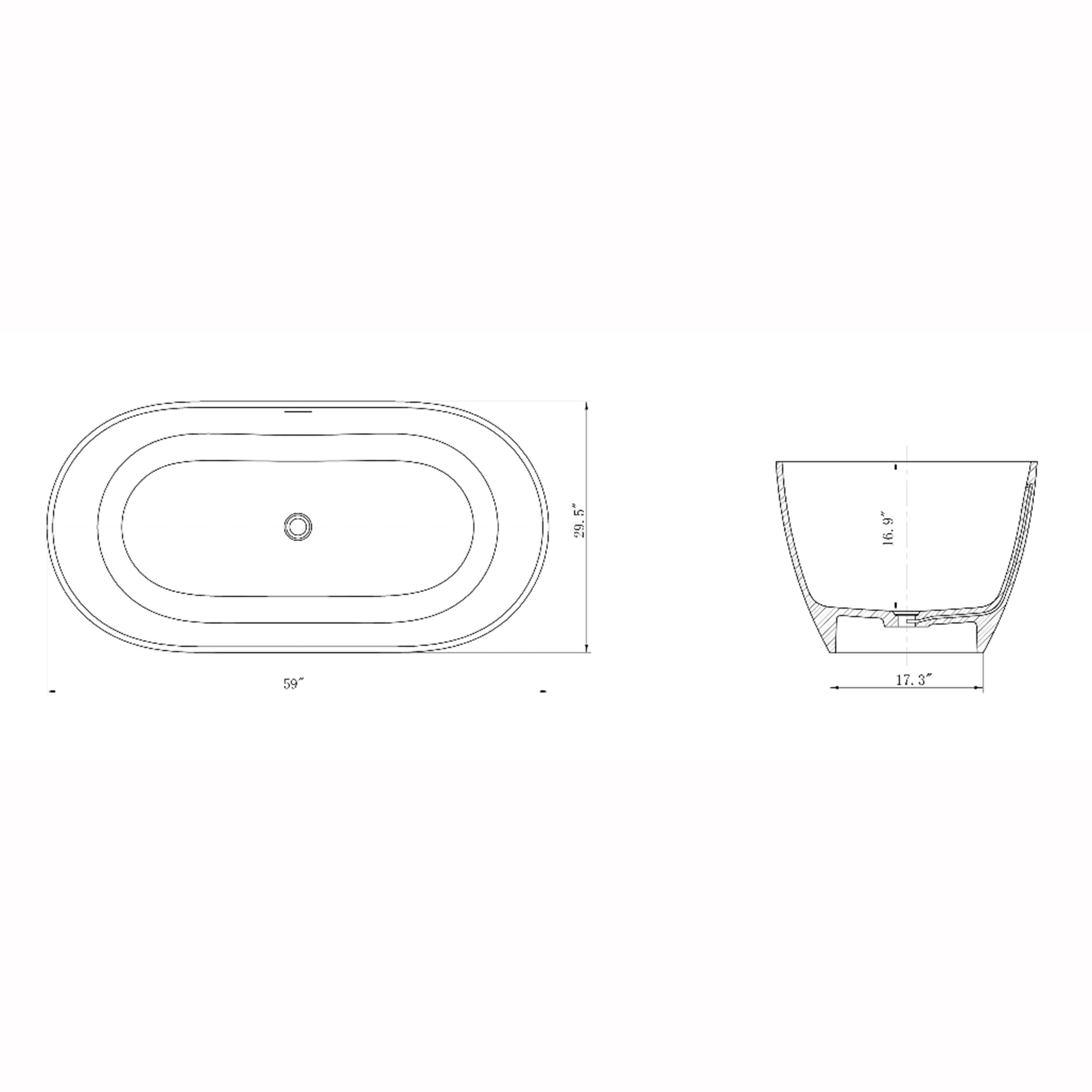 Solid Surface Freestanding Flatbottom Soaking Bathtub in White