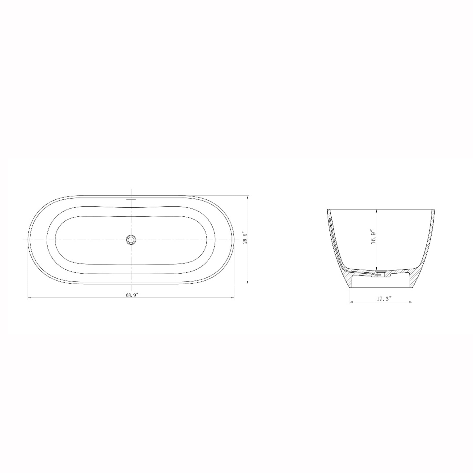 Solid Surface Freestanding Flatbottom Soaking Bathtub in White