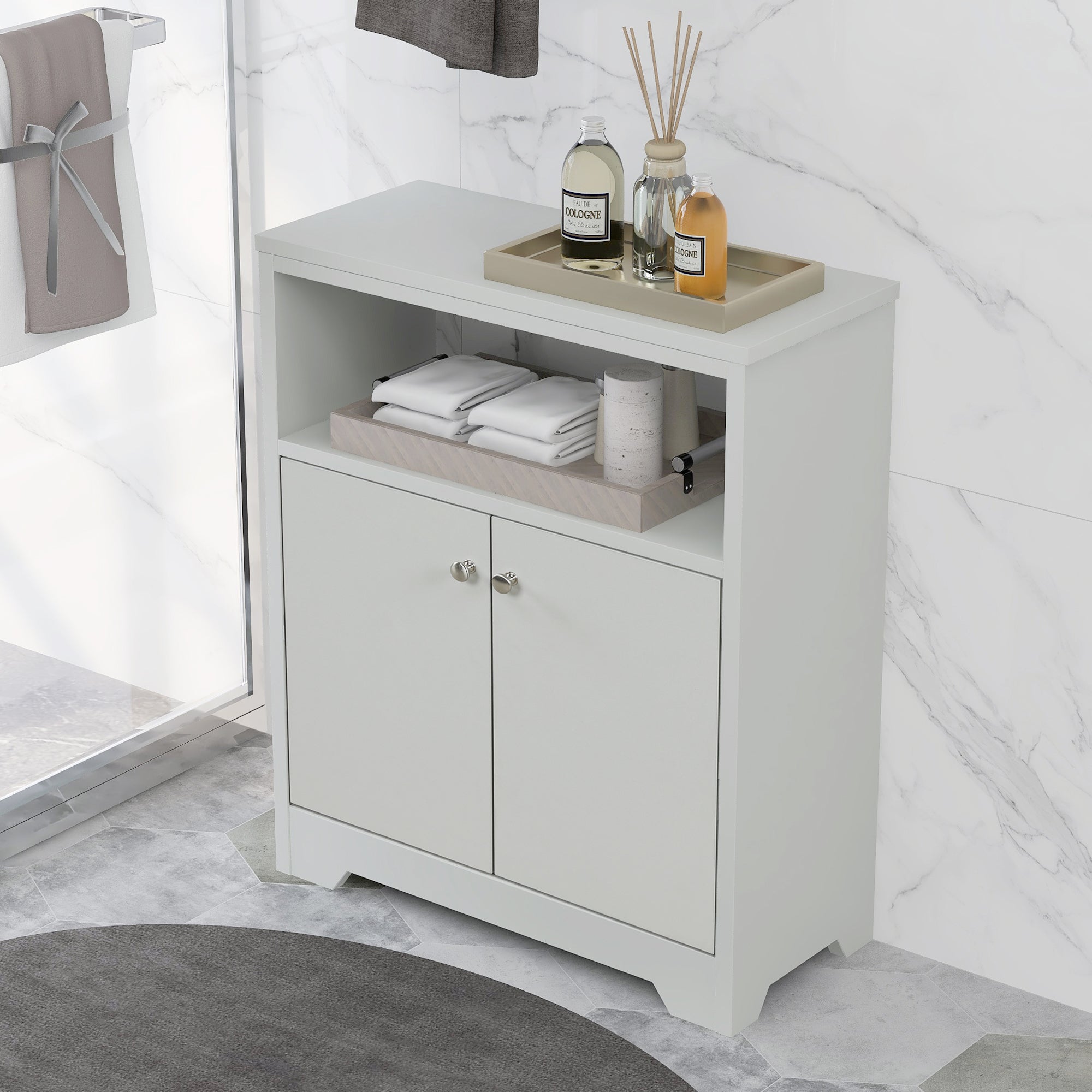 32" Wood 2-door Bathroom Cabinet with Adjustable Shelves