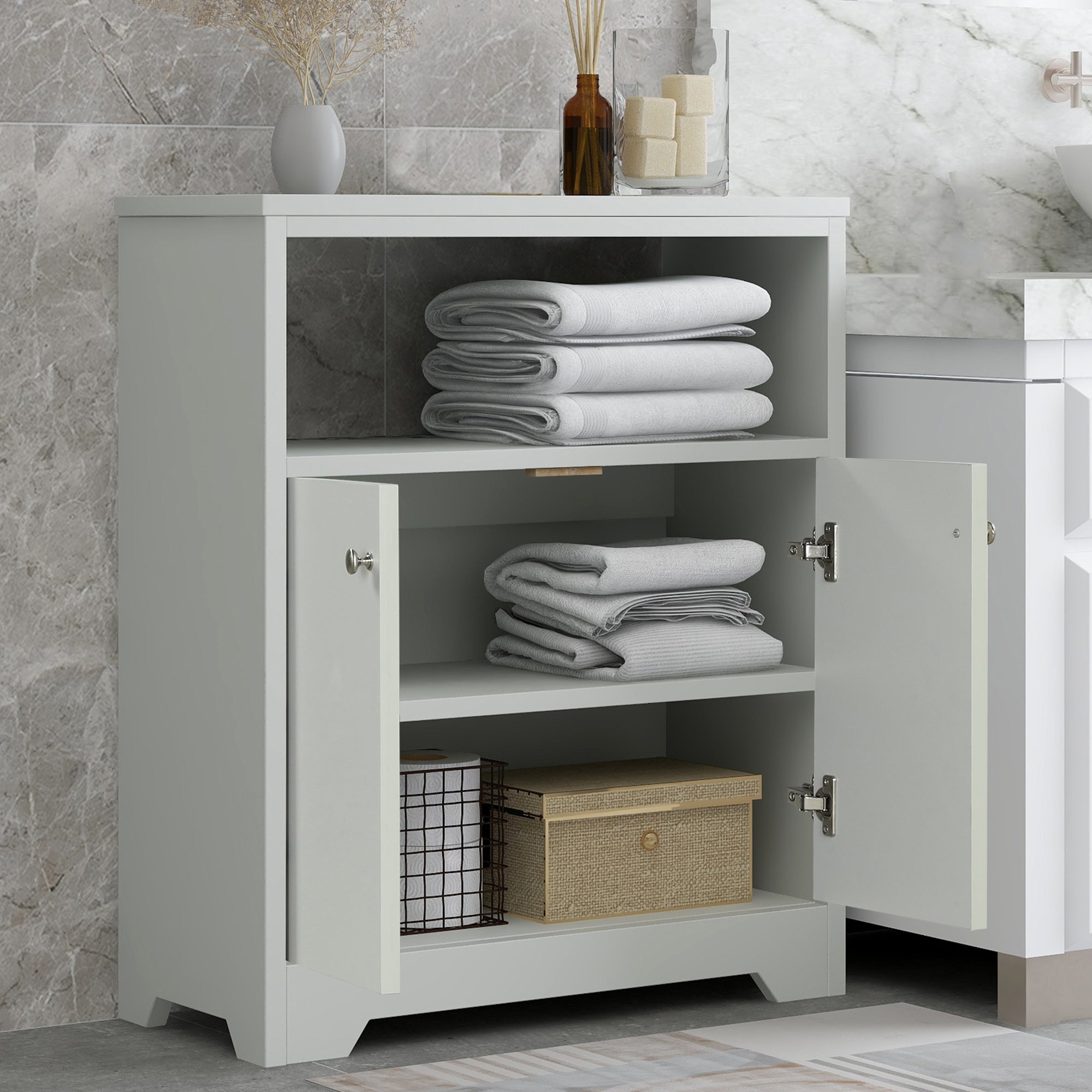 32" Wood 2-door Bathroom Cabinet with Adjustable Shelves
