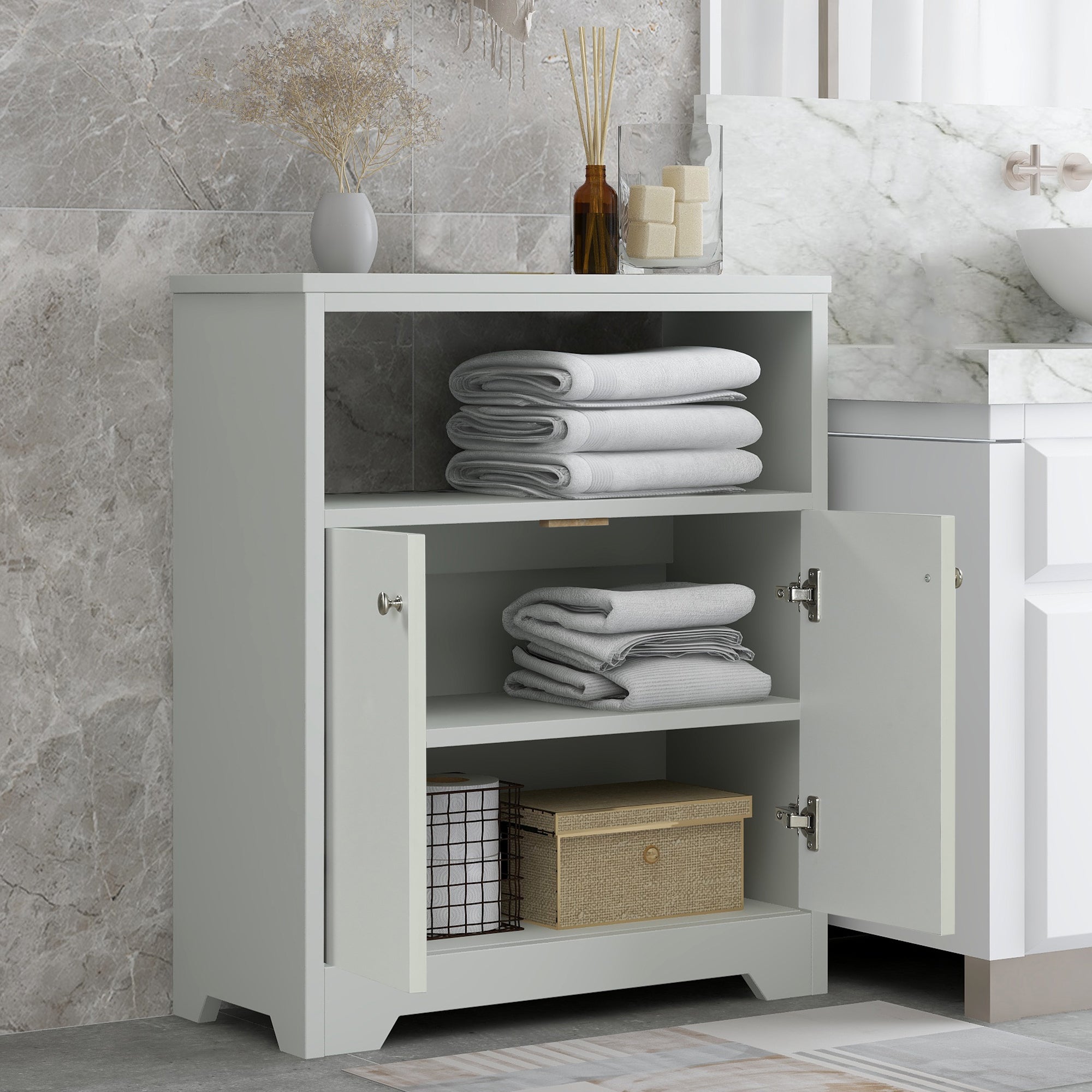 32" Wood 2-door Bathroom Cabinet with Adjustable Shelves