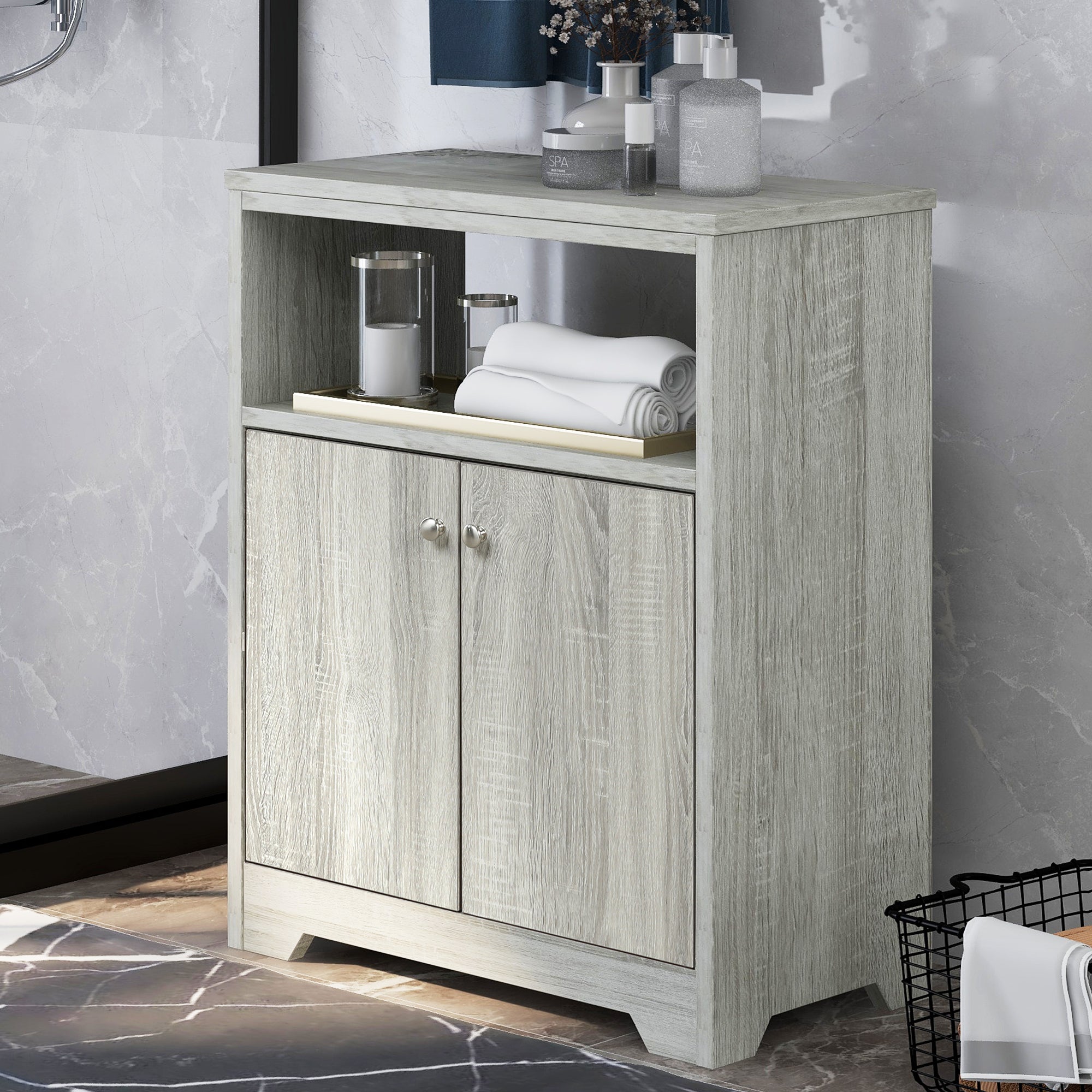 32" Wood 2-door Bathroom Cabinet with Adjustable Shelves