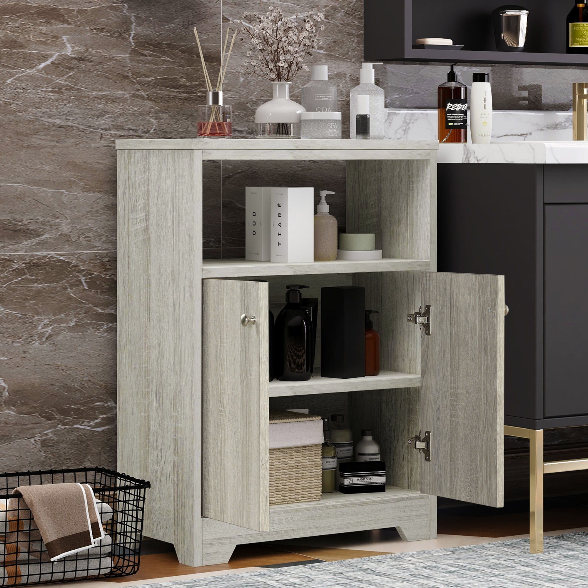32" Wood 2-door Bathroom Cabinet with Adjustable Shelves