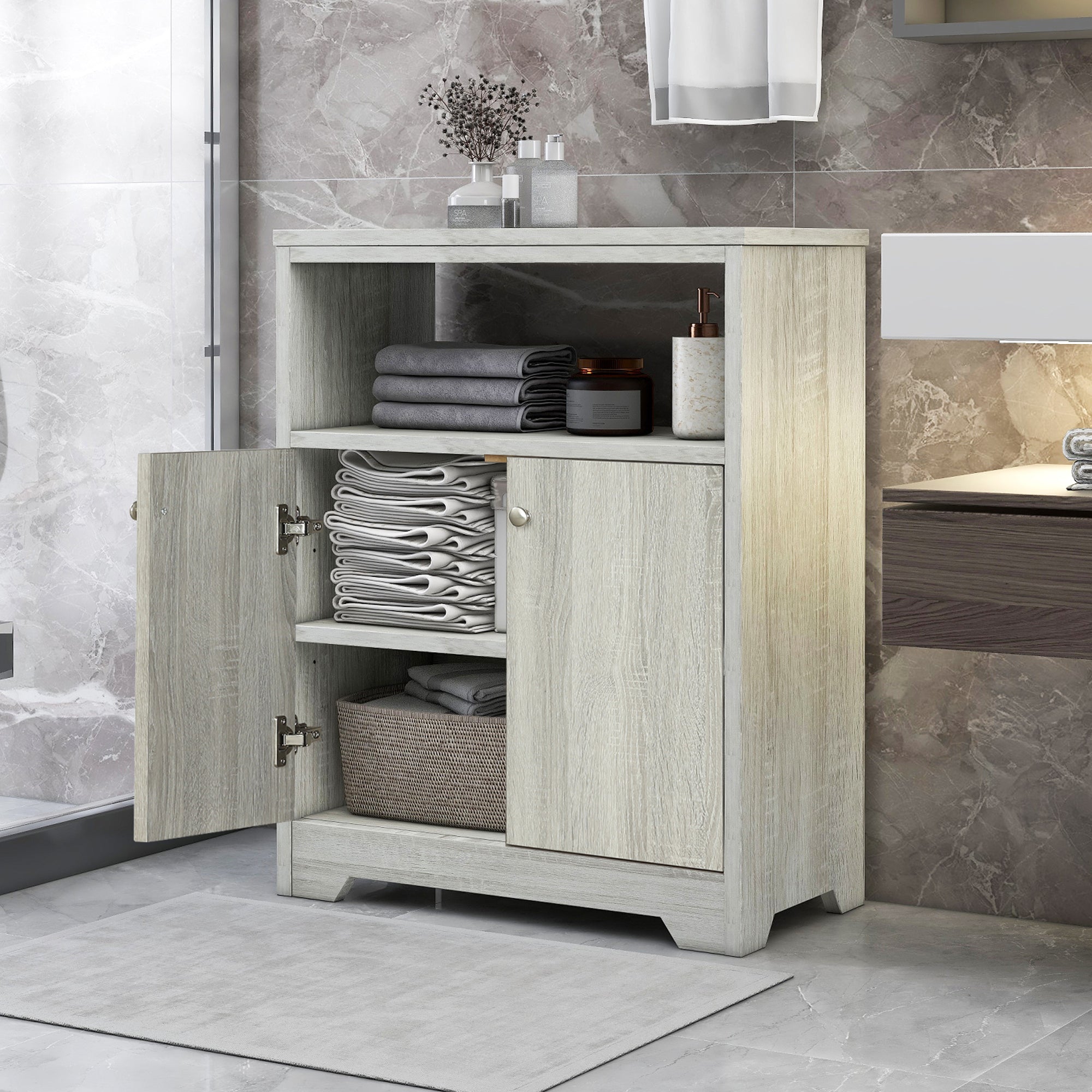 32" Wood 2-door Bathroom Cabinet with Adjustable Shelves