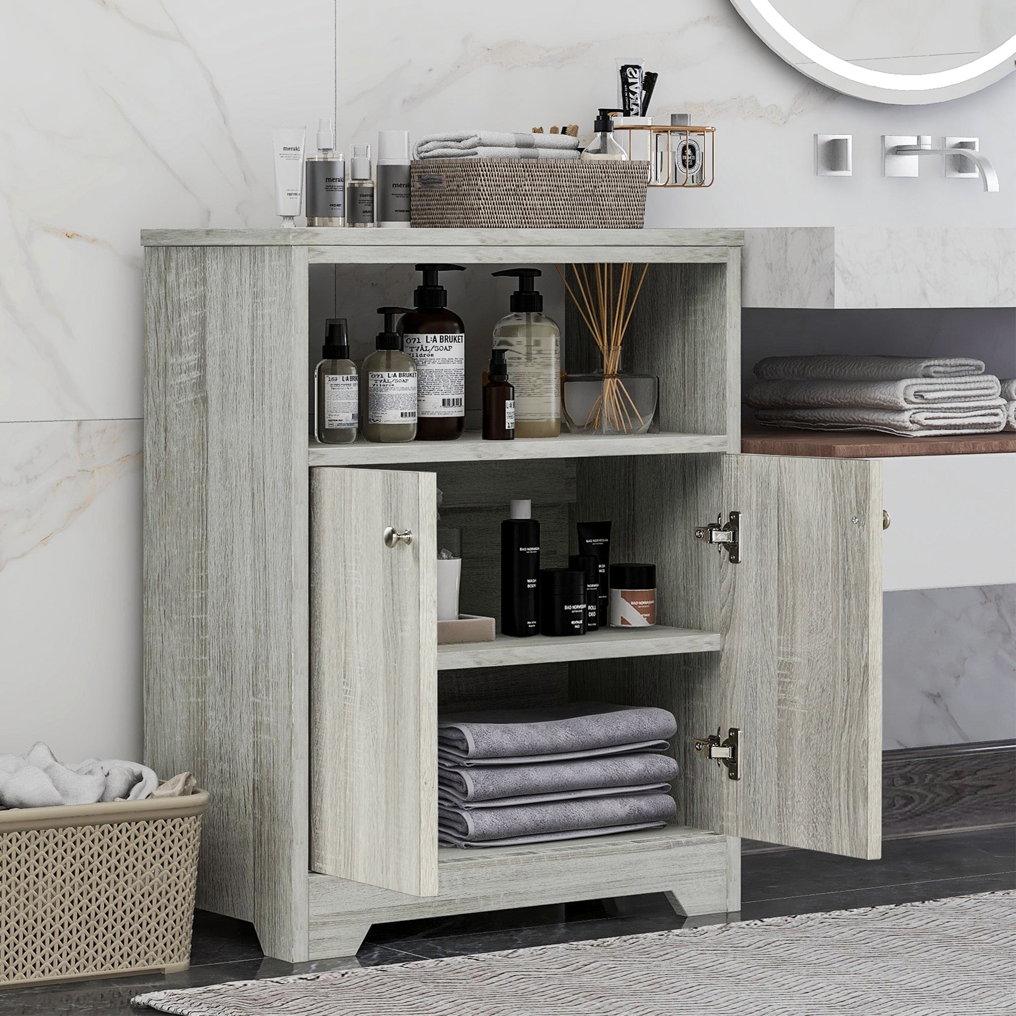 32" Wood 2-door Bathroom Cabinet with Adjustable Shelves
