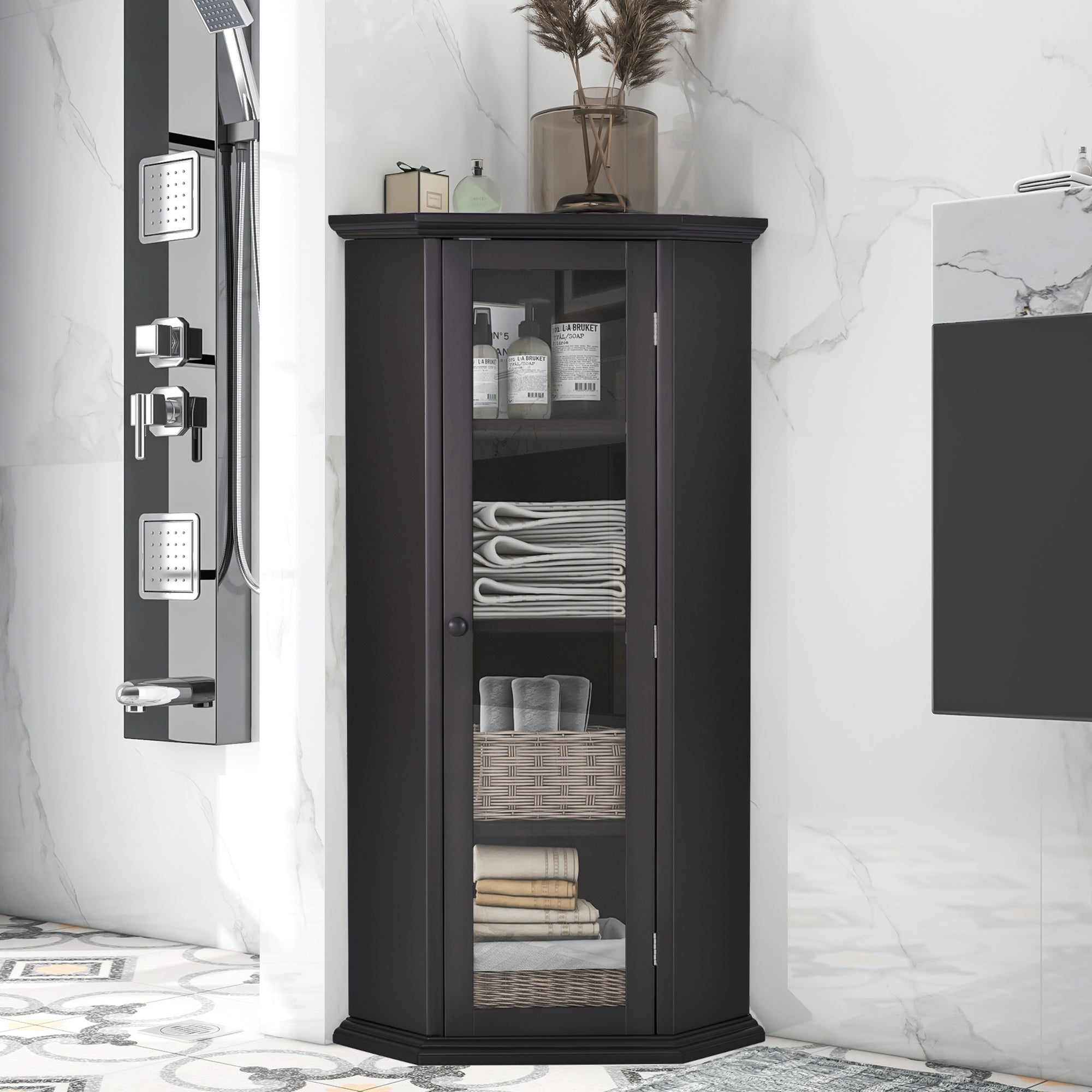 42" Wood 1-door Storage Corner Cabinet with Glass Door