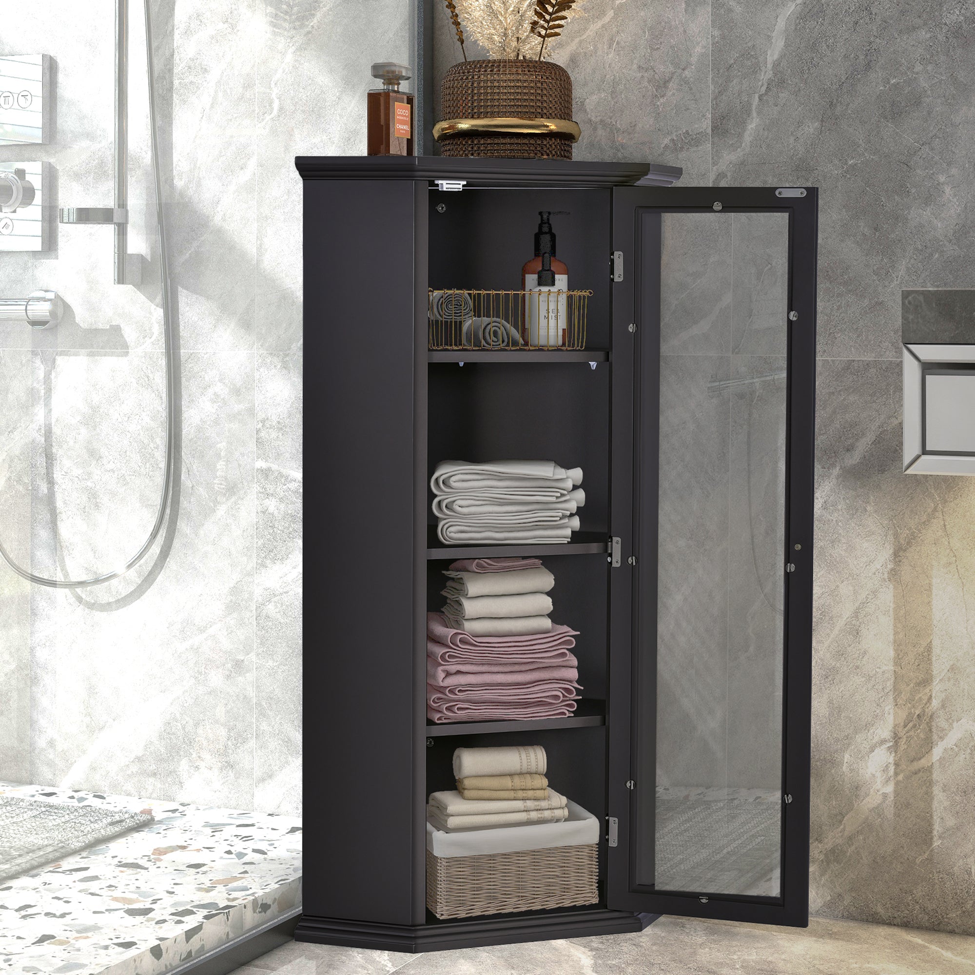 42" Wood 1-door Storage Corner Cabinet with Glass Door