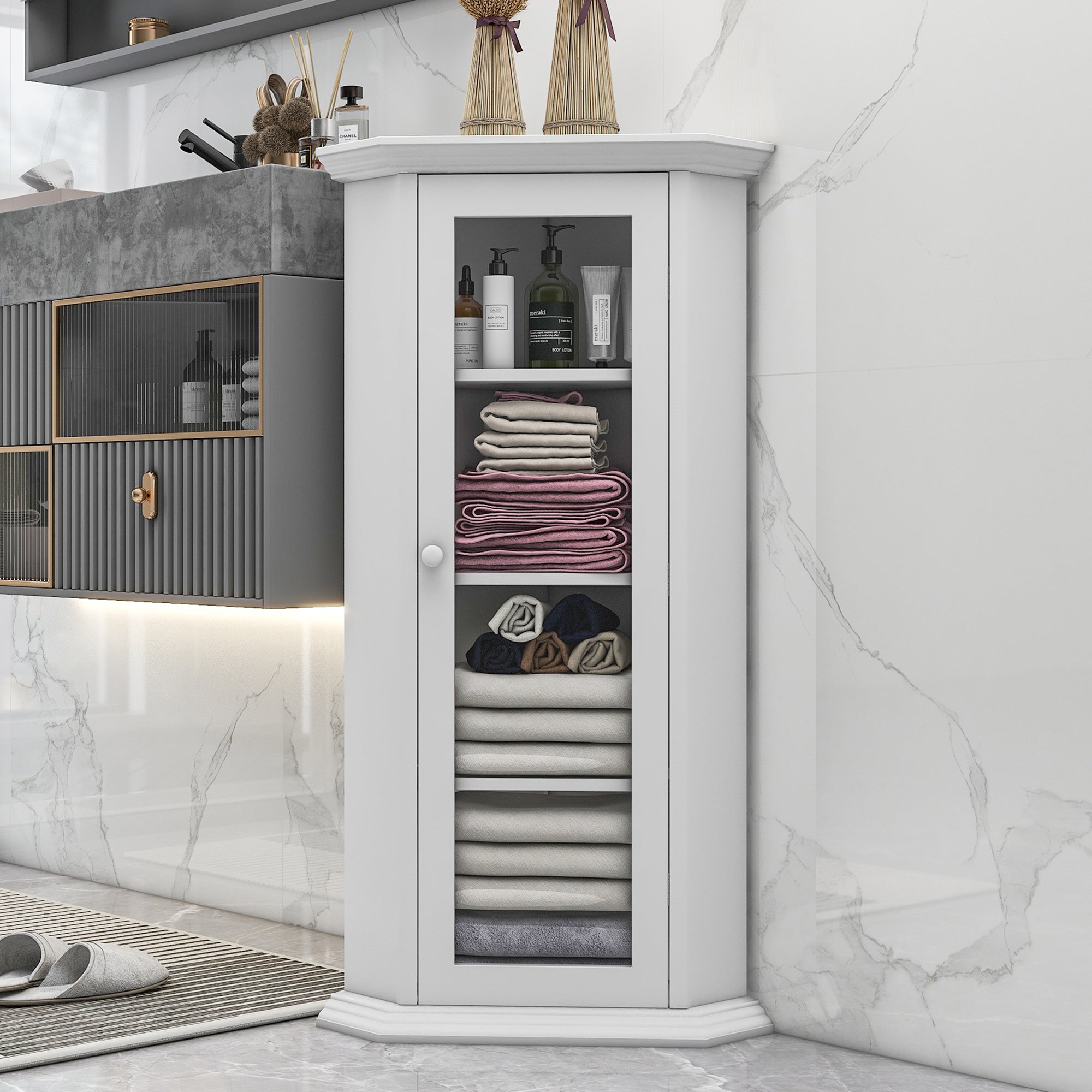 42" Wood 1-door Storage Corner Cabinet with Glass Door