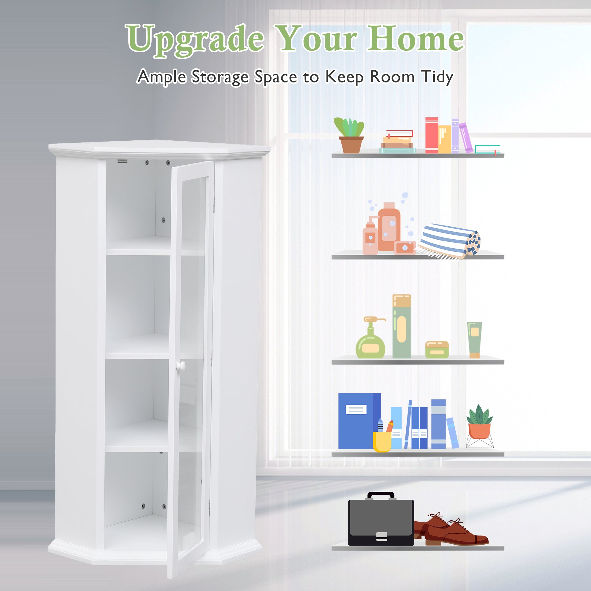 42" Wood 1-door Storage Corner Cabinet with Glass Door